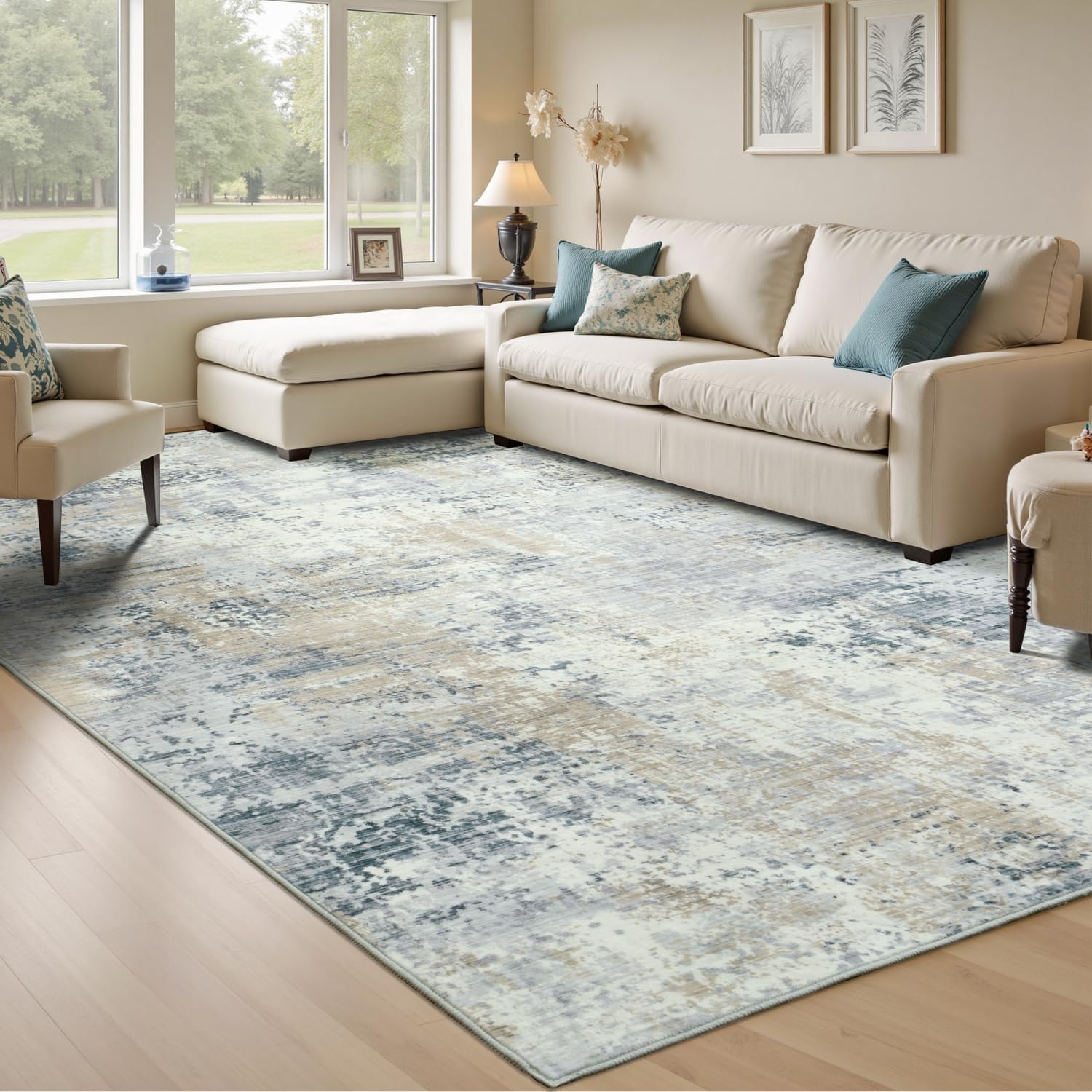 9x12 Abstract Rugs for Living Room, Blue Beige Large Area Rug, Non-Slip Machine Washable Carpet, Bedroom Dining Room Modern Decor, Soft Low Pile Kids Pet Friendly 9' x 12' (Rectangular) Blue Beige