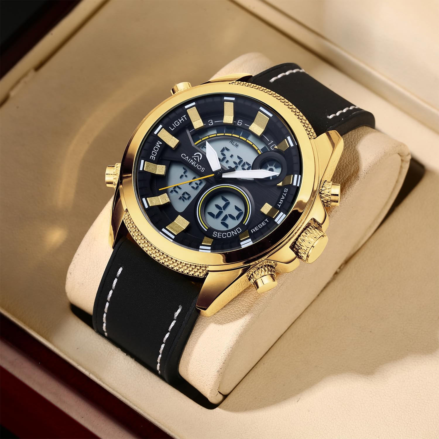 Orologio da uomo analogico digitale con doppio display, movimento al quarzo + elettronico, quadrante grande da 46 mm, resistente all'acqua fino a 30 m, cinturino in pelle e silicone