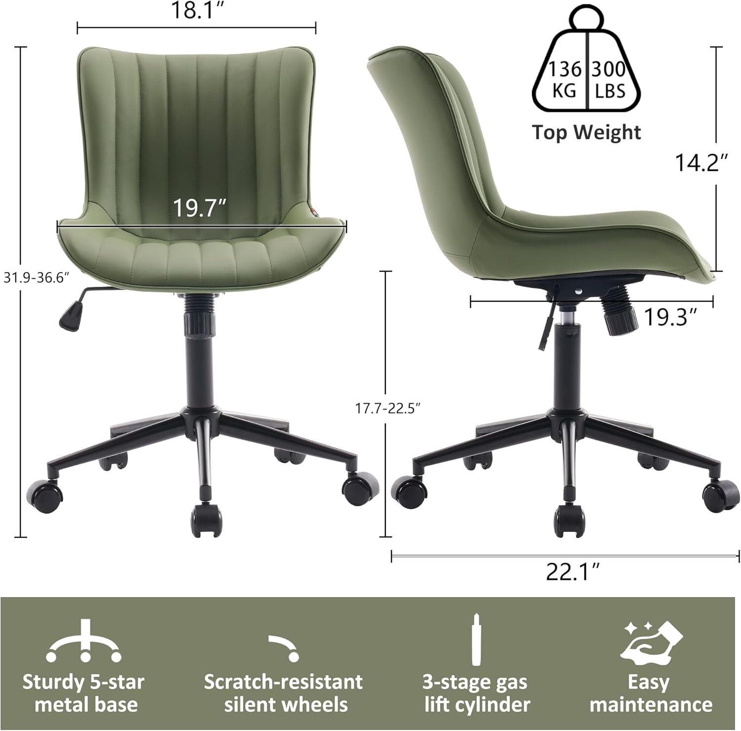 Kidol & Shellder Olive Green Office Desk Chair with Wheels Leather Modern Armless Swivel Vanity Chair with Comfy Padded Back Ergonomic Cute Rolling Adjustable Computer Chair Small