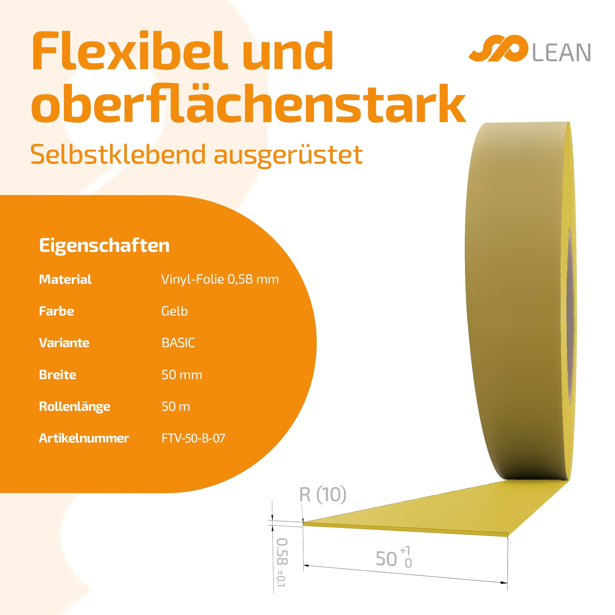 spLEAN INFLOORMA BASIC Bodenmarkierungsband 50 m, Breite 50 mm, gelb, Markierungsband selbstklebend, für Innenbereich, geeignet für Hubwagen