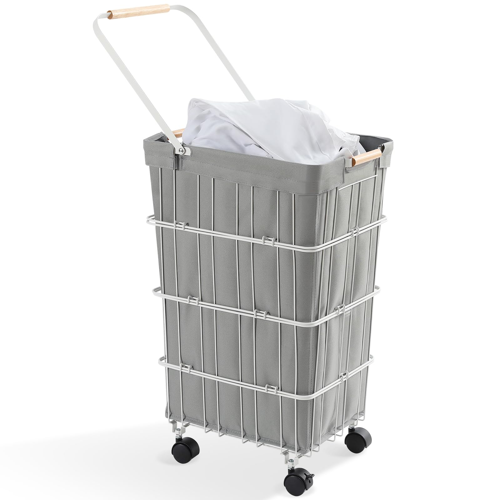 APEXCHASER Laundry Hamper, Large Laundry Basket with Wheels and Handle, Metal Frame Clothes Hamper for Bedrooms, Tall Laundry Bin with Cloth Covers