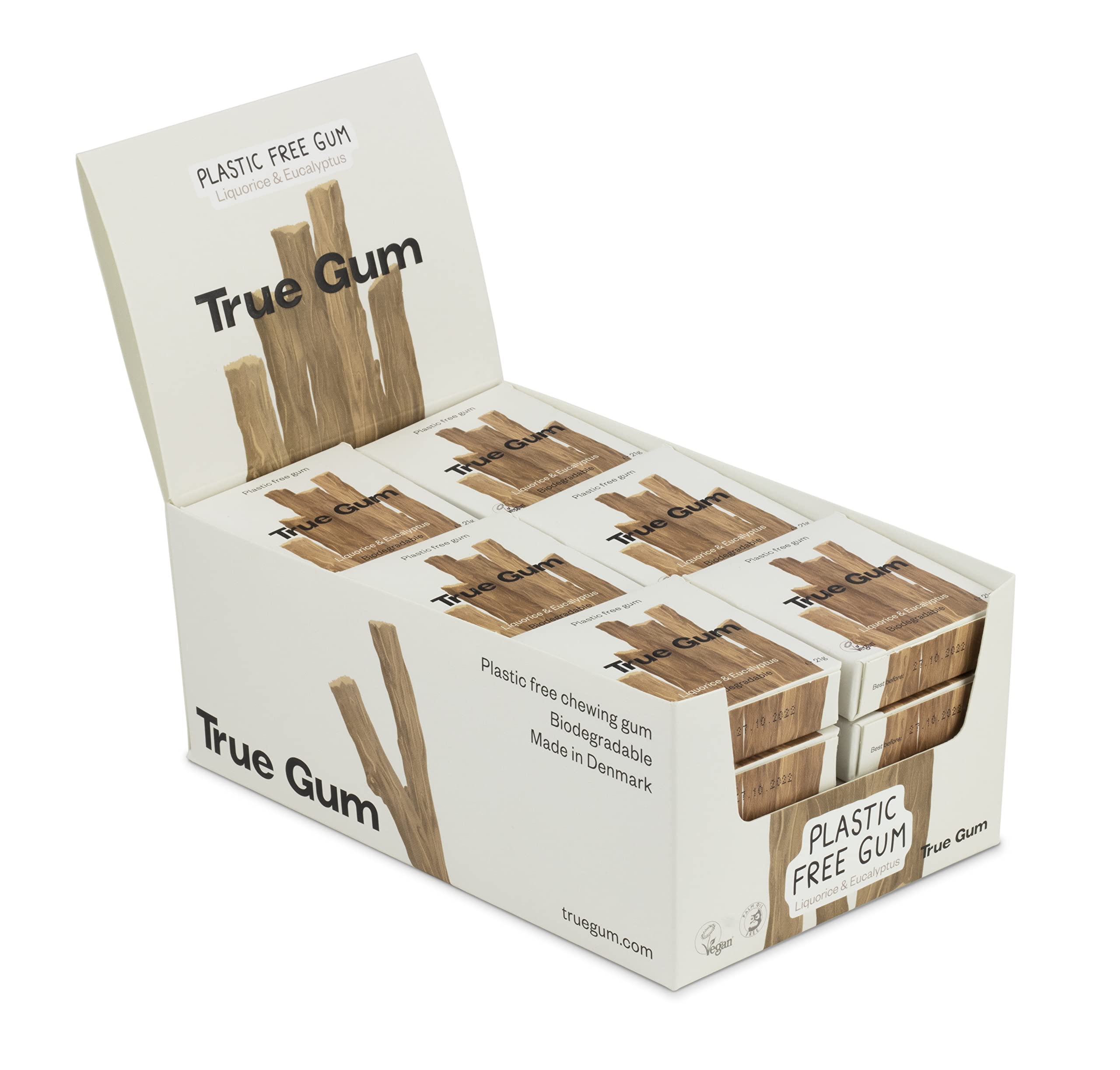 True Gum 24er Display: LAKRITZE & EUKALYPTUS | Plastikfreier Kaugummi | Biologisch Abbaubar | Vegan | 24 x 21 g, 504 g