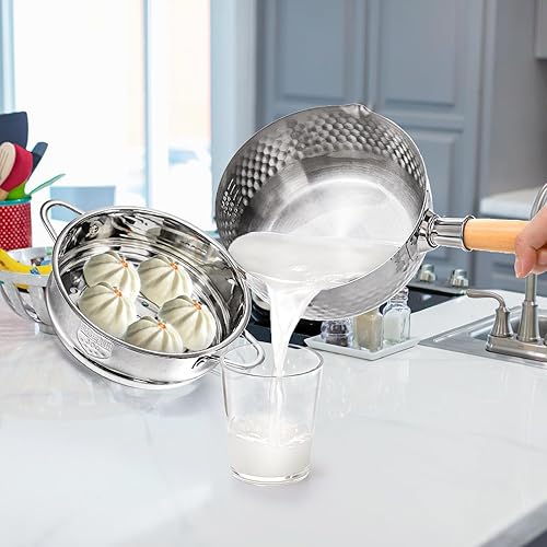 Miniatura 7 de DEAYOU Cacerola de acero inoxidable con vapor, sartén Yukihira de 1.2 cuartos de galón con tapa, olla de cocina pequeña tradicional japonesa con