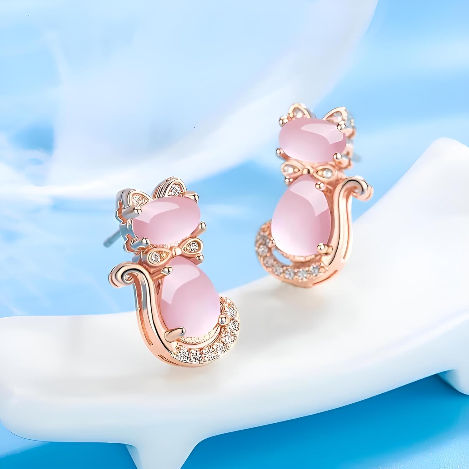 Rose Gold Cat Stud Earrings, Dog Paw Earrings, Pink Glass Crystal, Rhinestone Accents, 0.63 x 0.35 inches - Cat Earrings Gift