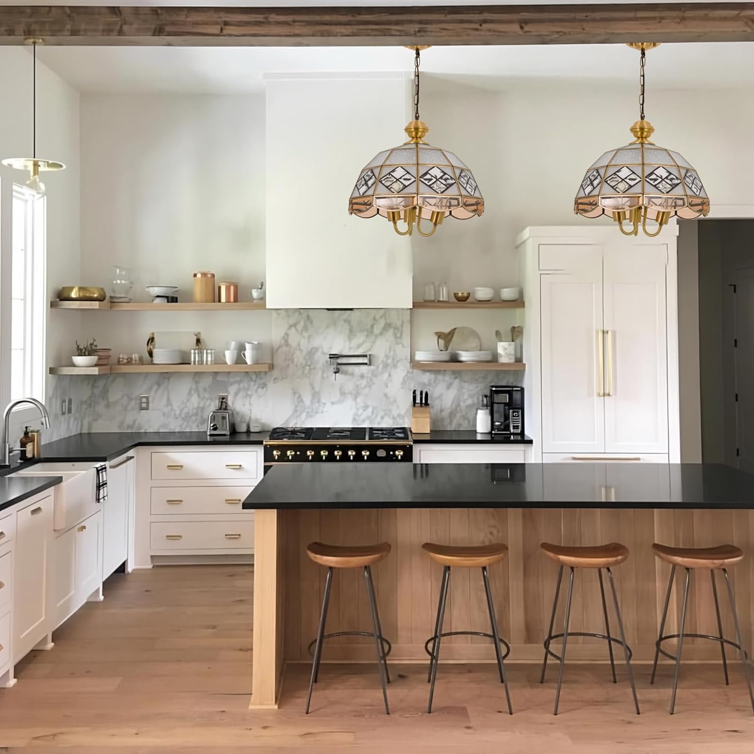 A Million Vintage 3 Light Pendant Light Fixtures, 15"" Pendant Lights Kitchen Island, Gold Modern Chandelier Tiffany Shade Gold Light Fixture for Bedroom Hotel Dining Room, 2300255001