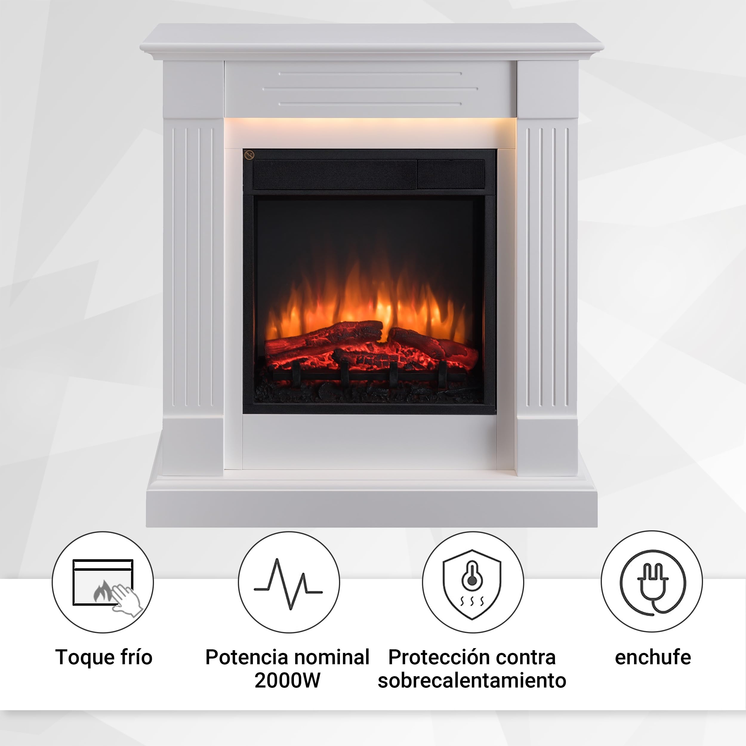 BALDERIA Chimenea eléctrica de pie Ladina, 2000 W, Blanco | Efecto de Llama 3D, Calentador, Calefacción, Iluminación Ambiental LED, Mando a Distancia, Temporizador y termostato