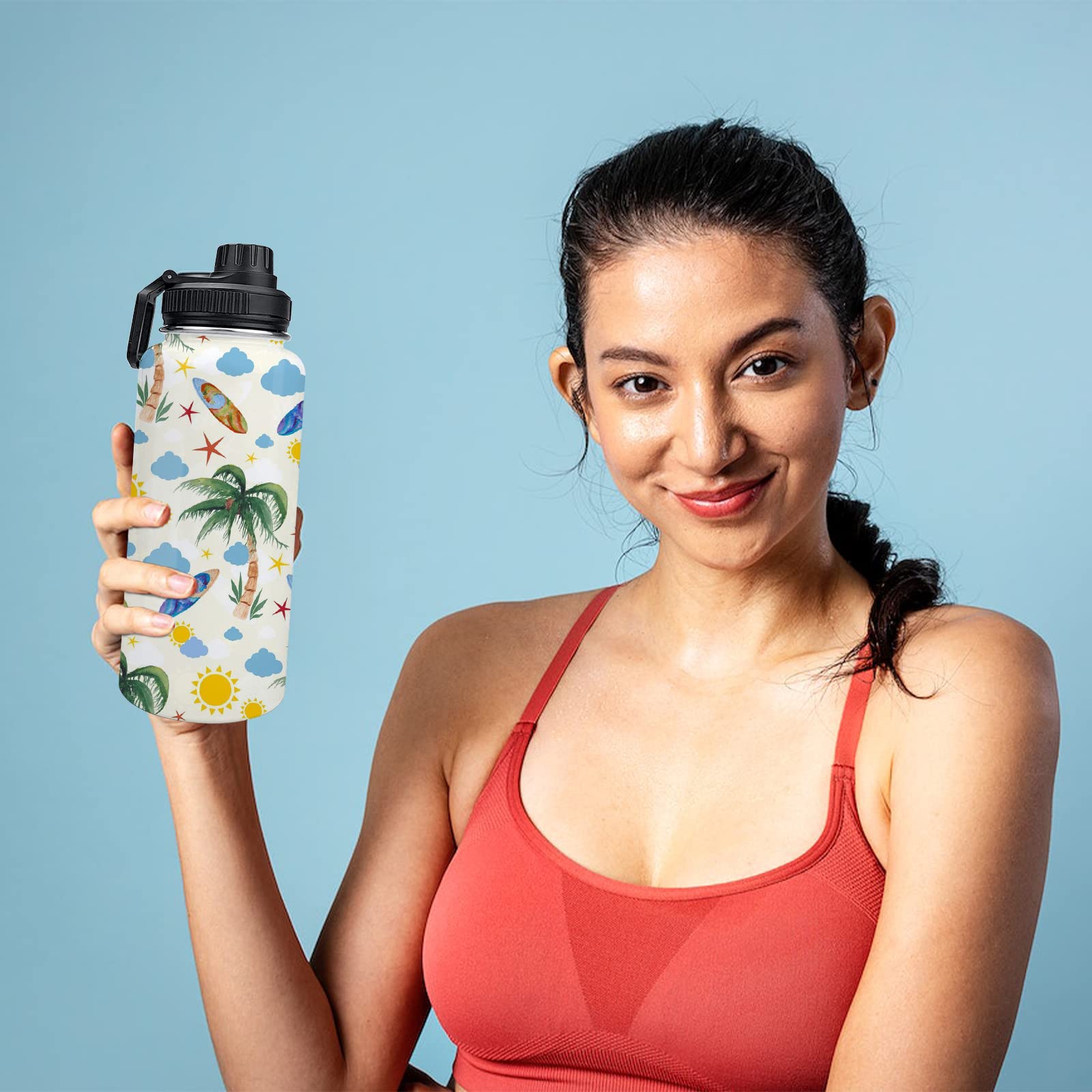 Botella de agua deportiva de sublimación de acero inoxidable de 32 onzas, termo aislado con películas retráctiles y tapa de boca ancha, vaso de vacío de doble pared que mantiene los líquidos