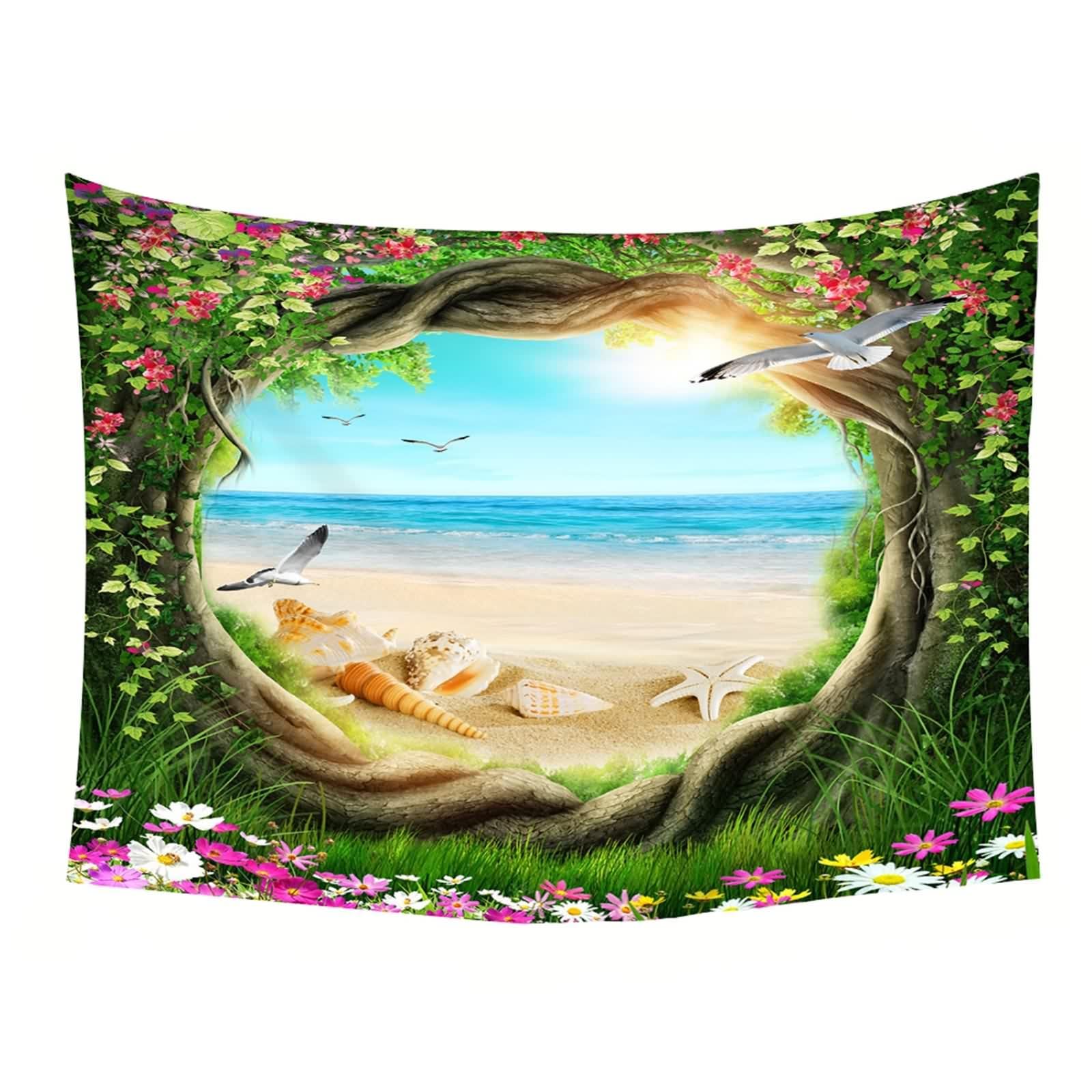 Tolldek Dywan ścienny z motywem natury, 350 x 256 cm, muszla plażowa, kwiaty, drzewo, ozdoba na ścianę, zielona, chusta na ścianę, obrus na stół, dekoracja salonu