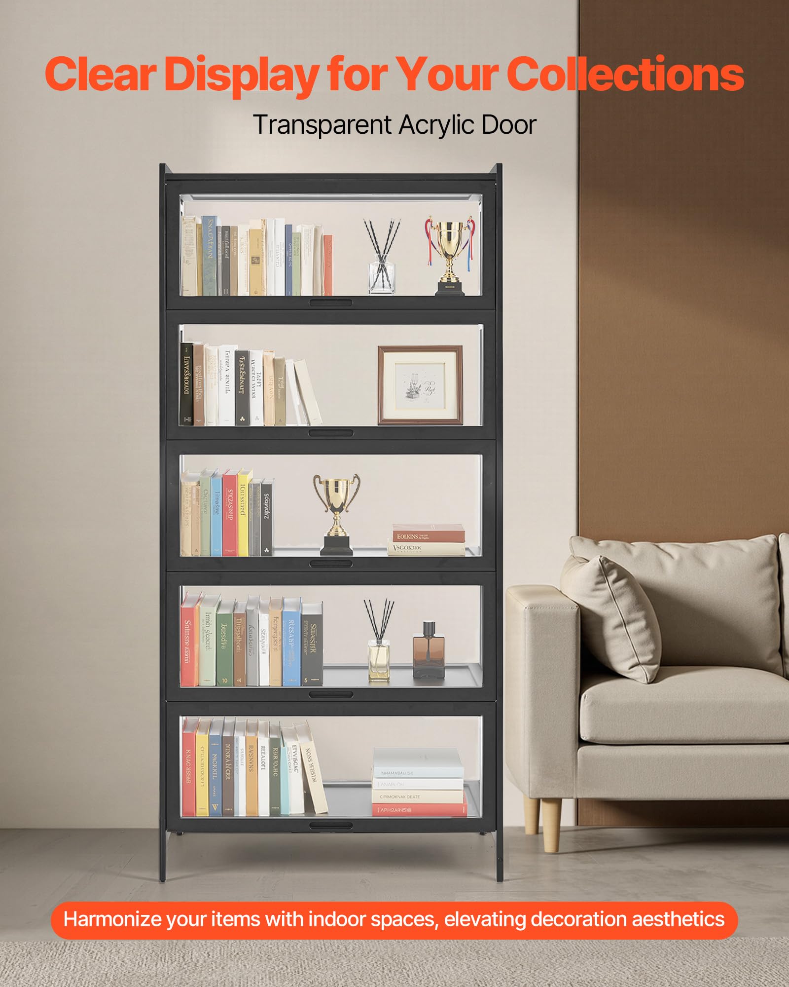VEVOR Vetrina con Ante in Acrilico, Vetrina per Oggetti Curiosi a 5 Ripiani Alta 1720 mm, in Legno Naturale, per Giocattoli da Collezione, Libreria per Casa, Ufficio, Sala Giochi, Soggiorno