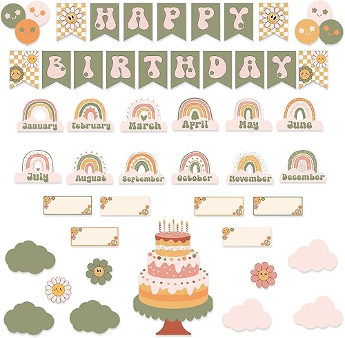 Miniatura 6 de Nezyo Juego de 80 tablones de anuncios para el aula, 80 piezas, Groovy Retro Hippie, tabla de cumpleaños para aula, recortes de pared de calendario