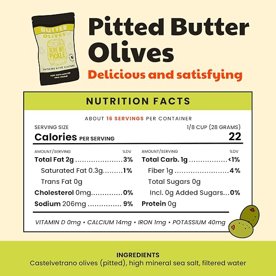 Olive My Pickle Green Olives Pitted Butter 48 oz | 3 Pack Bundle of Healthy Live Culture Castelvetrano Olives Pitted for Gut Health | Perfect Olive Snack Packs for Paleo Diets & More - 16oz per bag