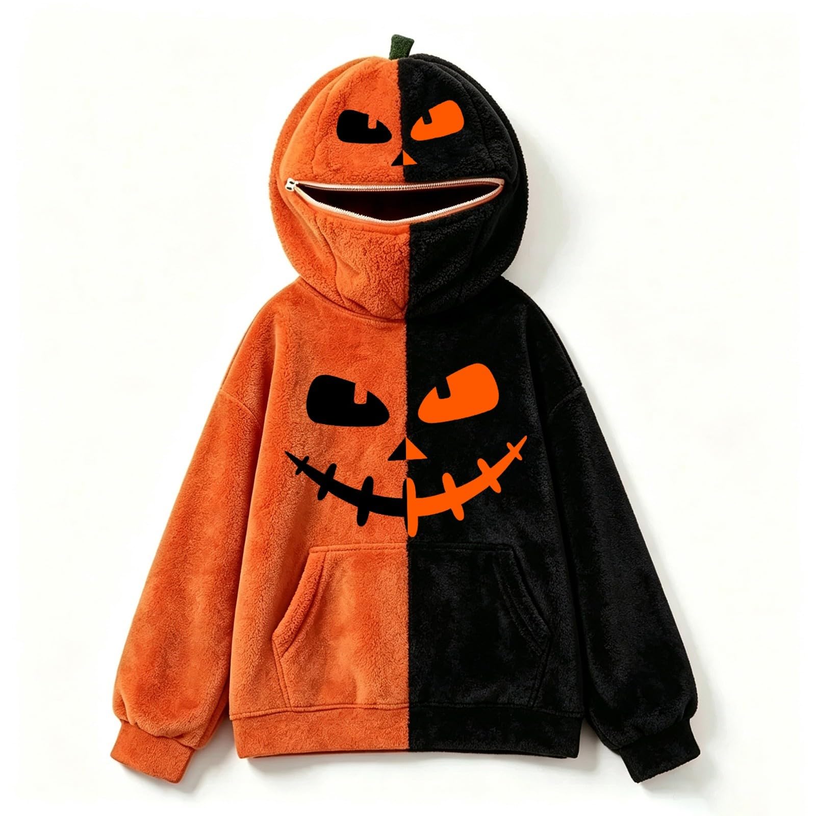 Sudadera con capucha para niñas, color calabaza, mullida | Sudadera con capucha de dos tonos para fiesta de Halloween, suave, esponjosa, cálida, acogedora, para otoño, invierno