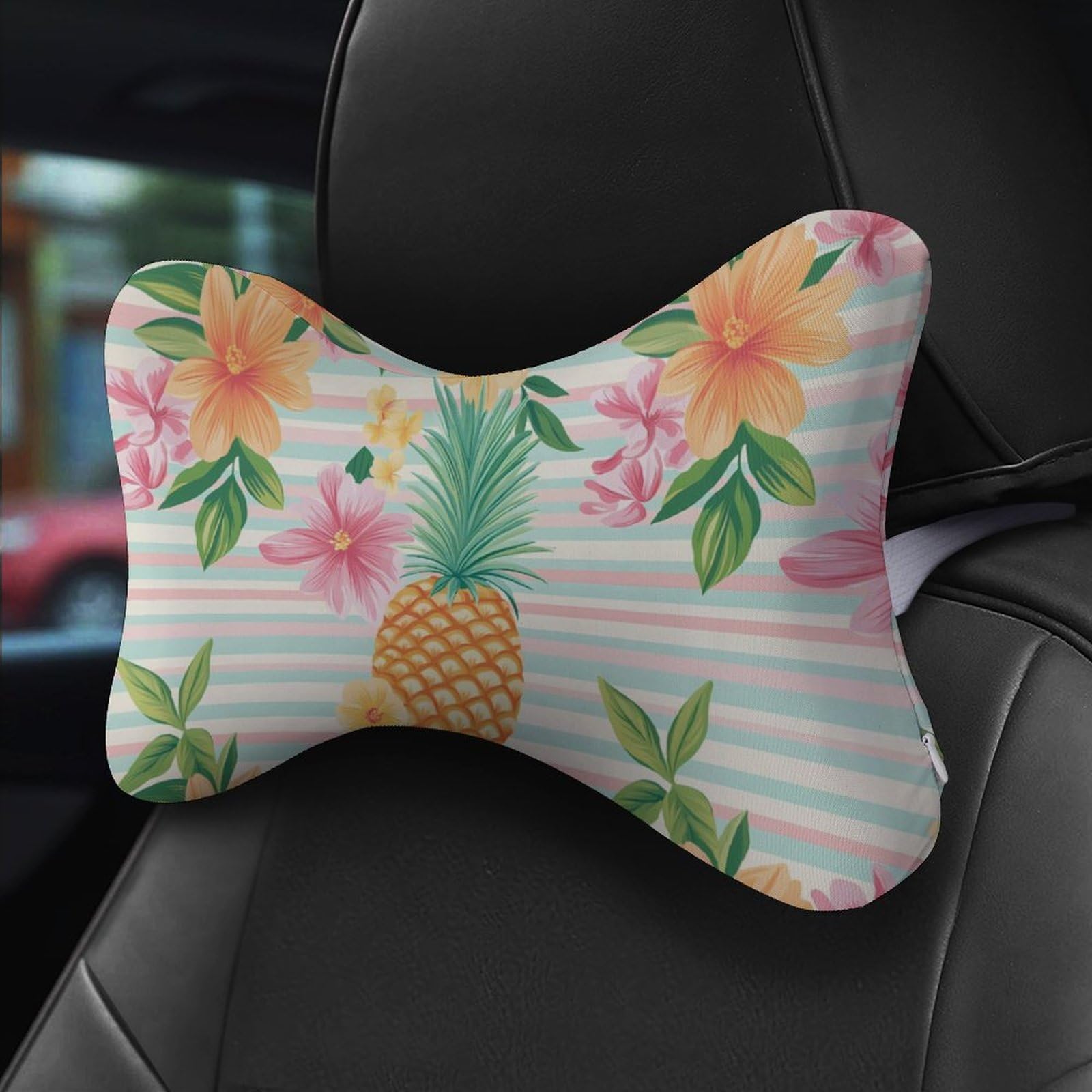 Tropical Pine Flower Car Neck Pillow Set of 2 Car Seat Head Support Cushion Bone Pillows with Elastic Strap