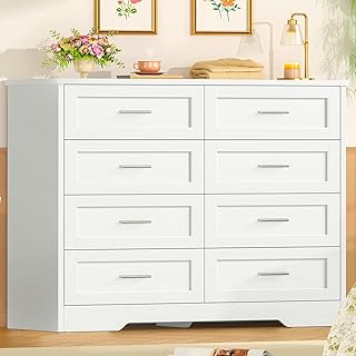 TEENFON Commode Blanche 8 Tiroirs, Commode pour Chambre Adulte et Enfant, Meuble de Rangement Multifonctionnel Idéal pour Le Salon, la Salle à Manger ou l'Entrée - 107 x 35 x 96.5 cm