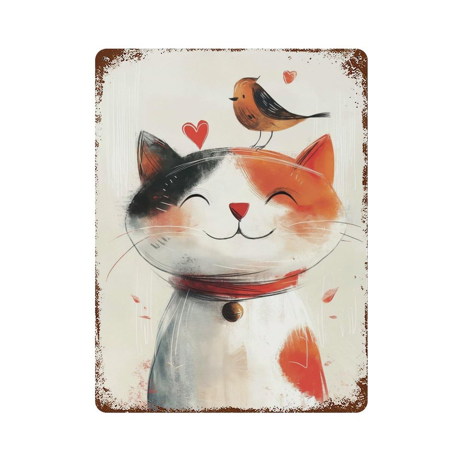 Garage Style Whimsical Cat And Bird Art Rustic Tin Plaque 15.7"x11.8", Classic Wall Plaque for Bar And Workshop