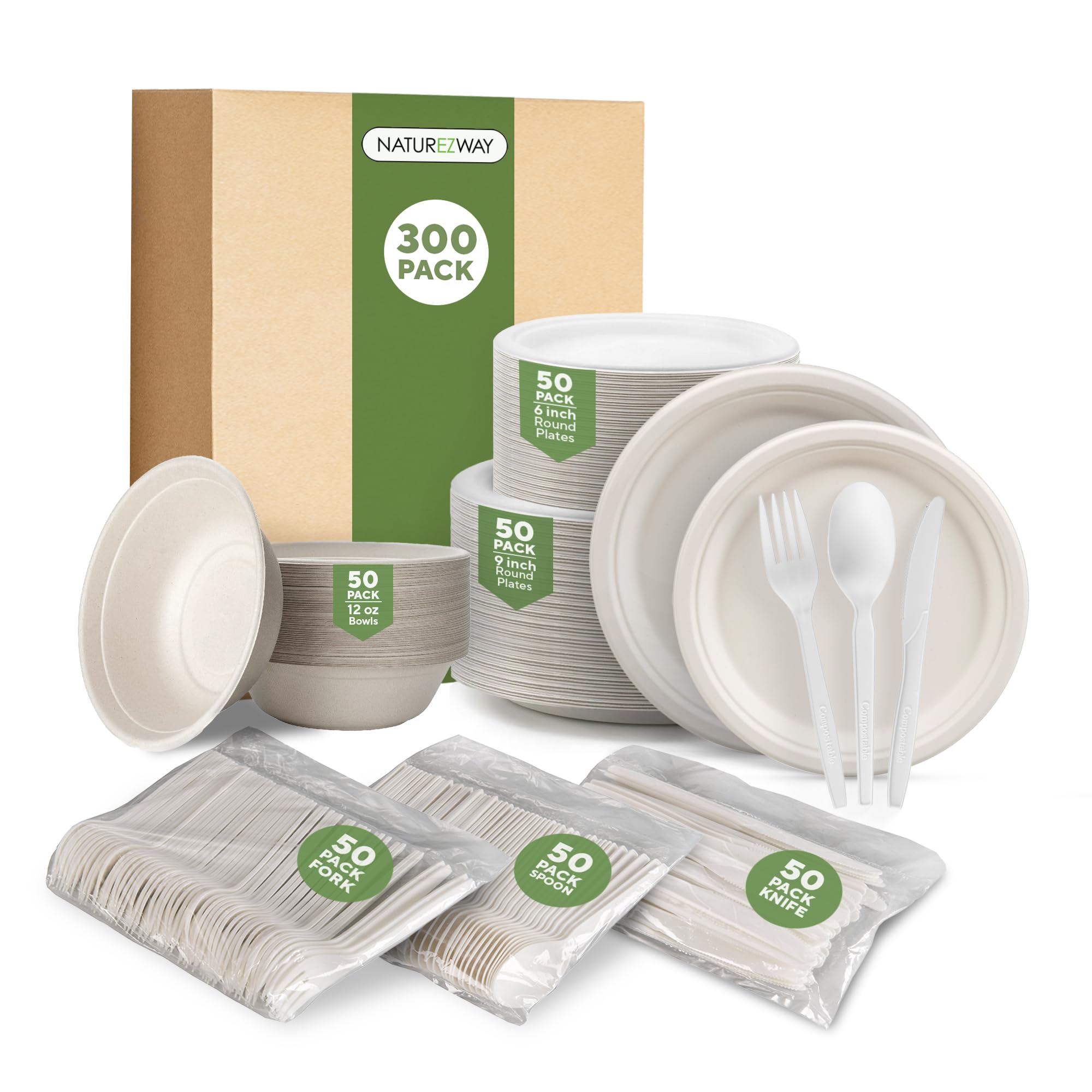 Compostable Bamboo Paper Plates Set by Naturezway,300 Pieces - Eco-Friendly & 100% Natural Disposable Plates, Bowls, and Utensils for Parties, Weddings & Events, Sturdy, and Stylish