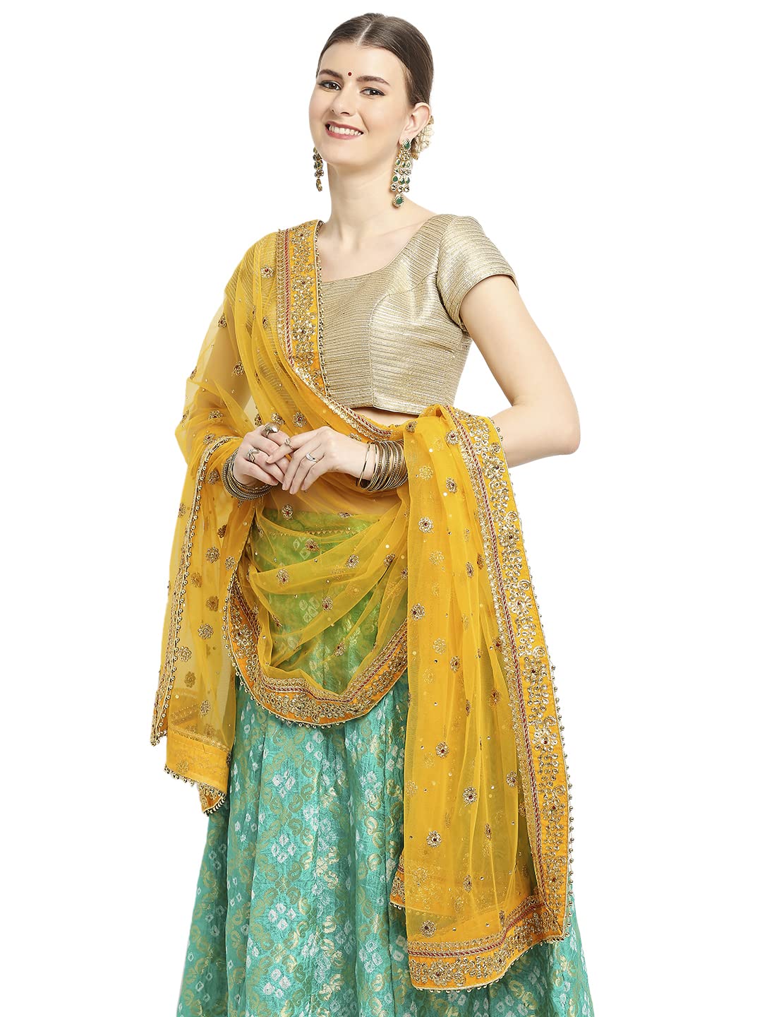 dupatta bazaar Women's Embroidered Mustard Bridal Net Dupatta.-picture-56