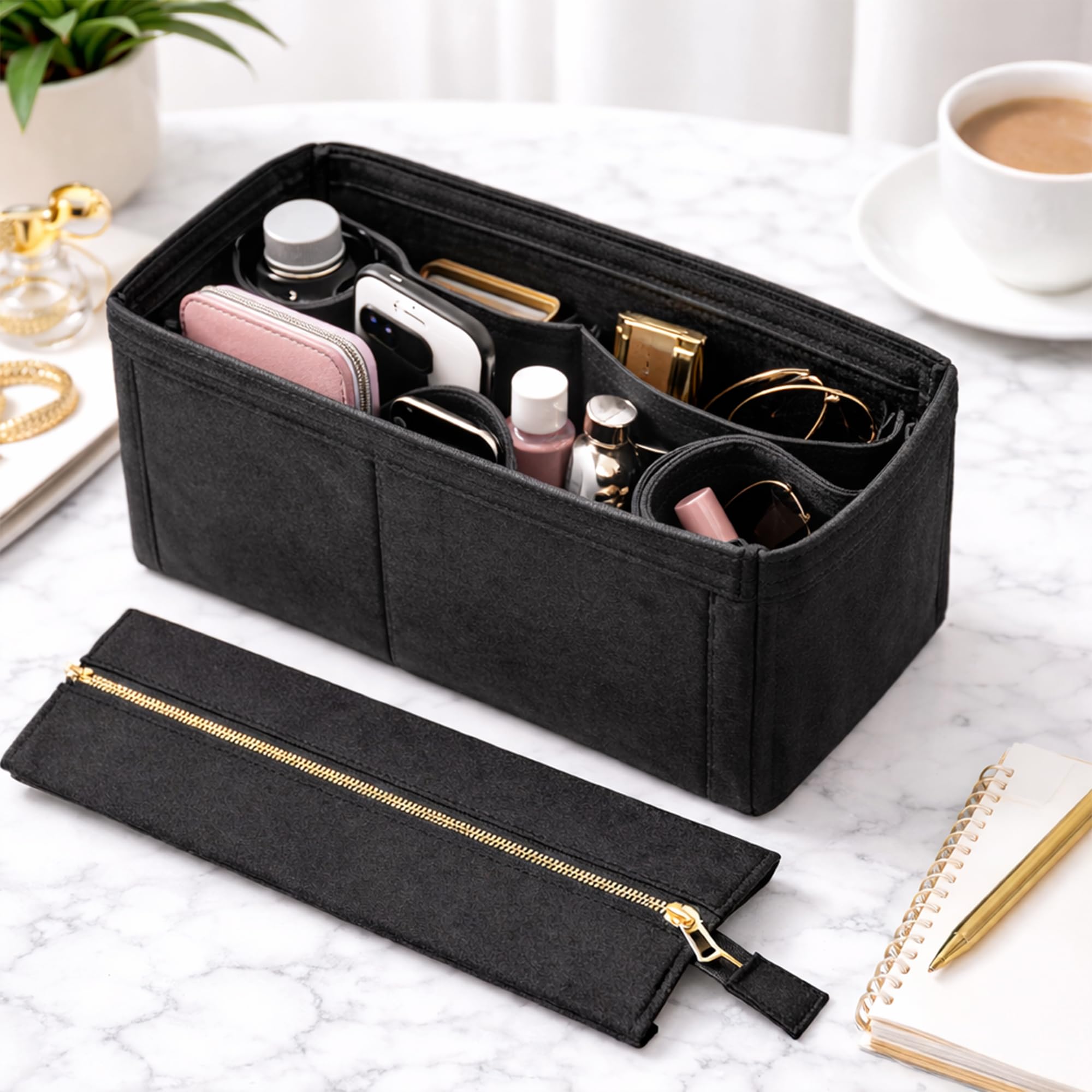 SYUTAM Felt Purse Organizer Insert for Handbags, Tote, Hobo Bag Storage Divider with Removable Metal Zipper Cover - Black (Big)-image-48
