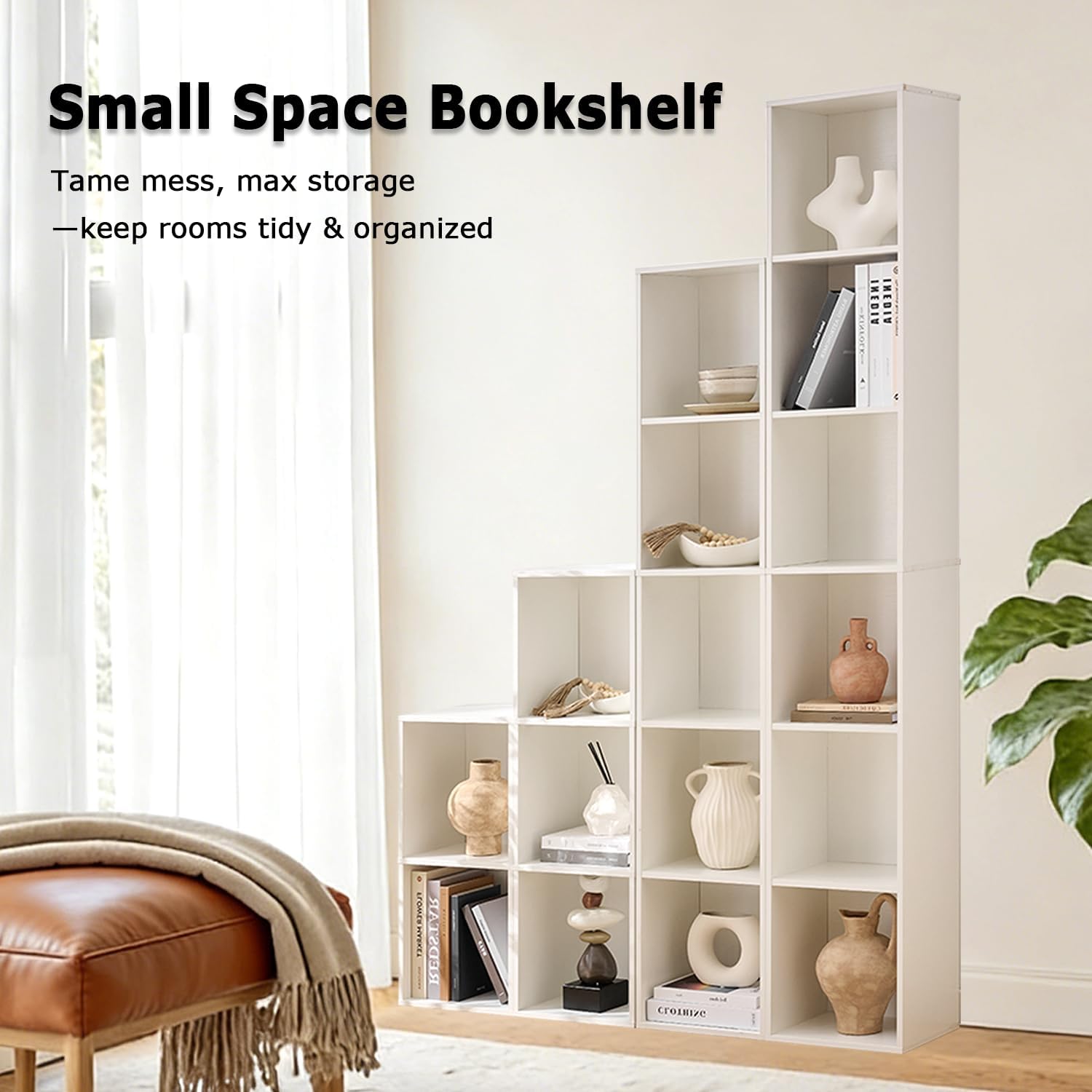 Tall Narrow Bookshelf, 5-Cube Wood Bookcase with Open Storage Shelf, 9.3 x 12 x 60 Inches, CD DVD Slim Storage Cabinet, for Small Space, Living Room, Home Office, White