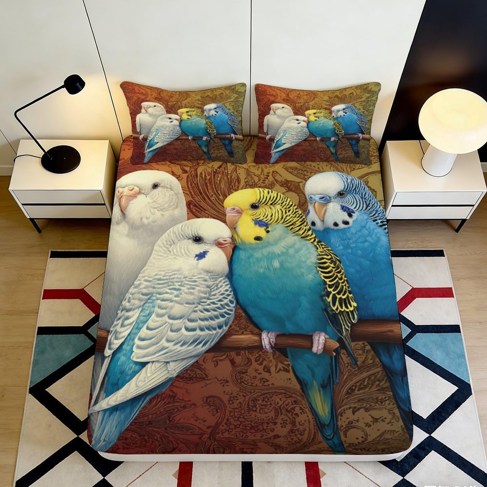 3D Printed Parakeet Fitted Sheet Microfiber Soft Durable Blue Bird Pattern Bed Cover for Bedroom Dormitory Guest Room Mattress Protection Decor 90x200x25cm