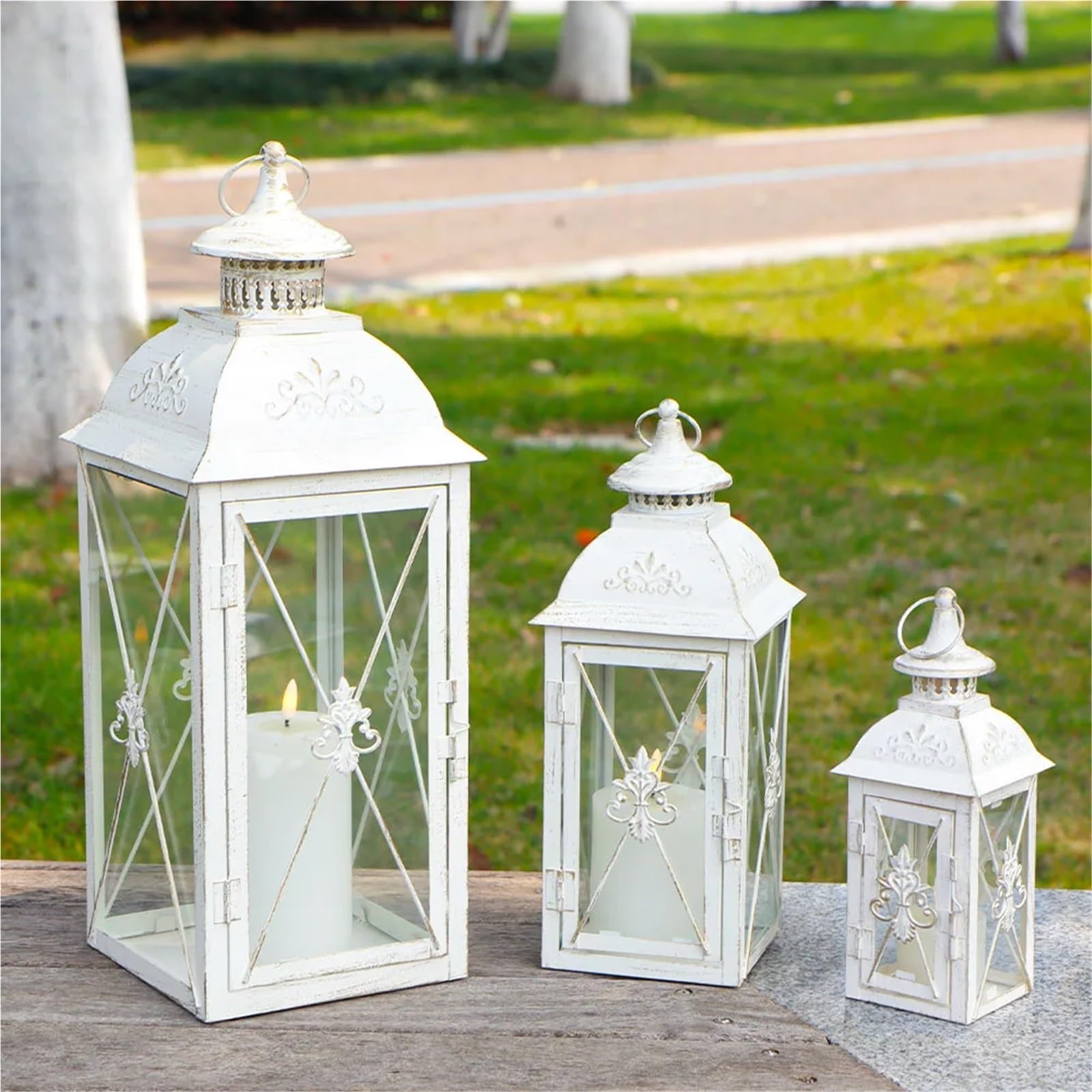 Lanterne a Candela Decorative Juego de 3 portavelas Colgantes Metal Acero Inoxidable con Paneles Vidrio Transparente for decoración del hogar, Interior y Exterior
