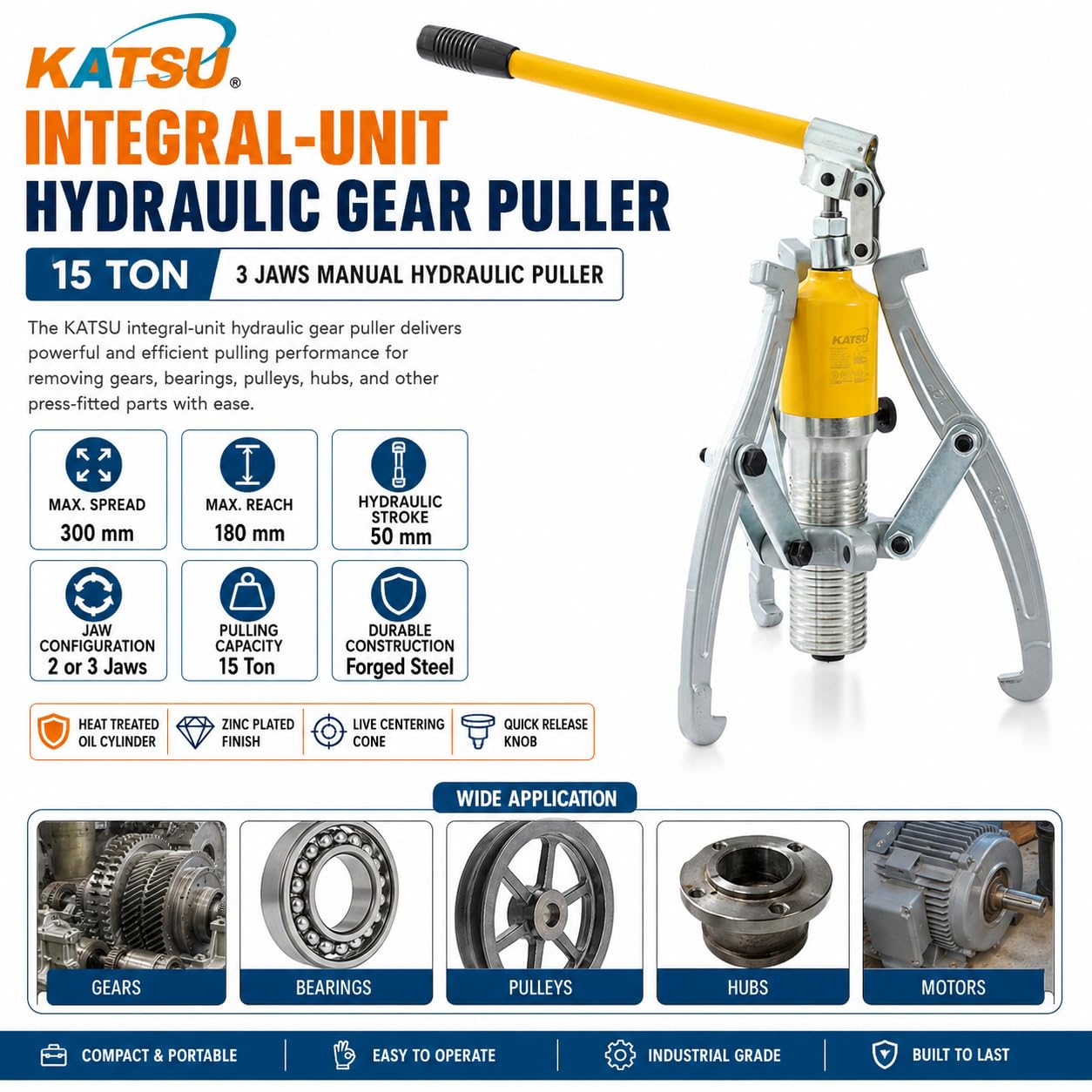 KATSU Extractor Hidráulico de Engranajes 15 Ton, Unidad Integral 3 Mordazas Polea de Prensa Hidráulica Manual Rodamientos de Rueda Motor Cubo Separador 450572