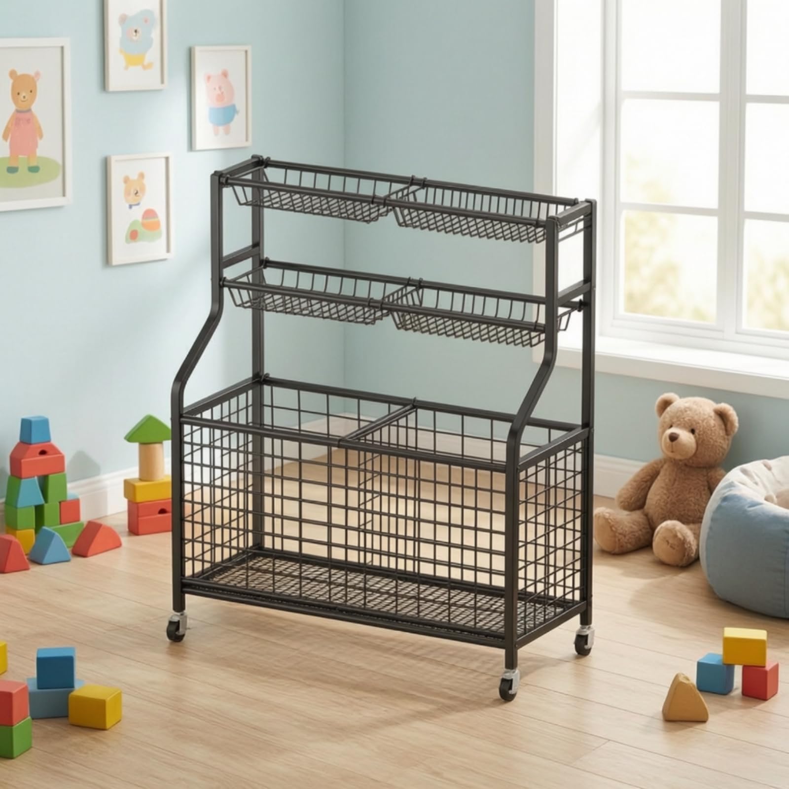 Amagogo Scaffale Porta Palloni Carrello Scaffalatura Organizzatore Contenitore in Acciaio al Carbonio con Cestelli a Rete Traspirante Struttura Robusta E