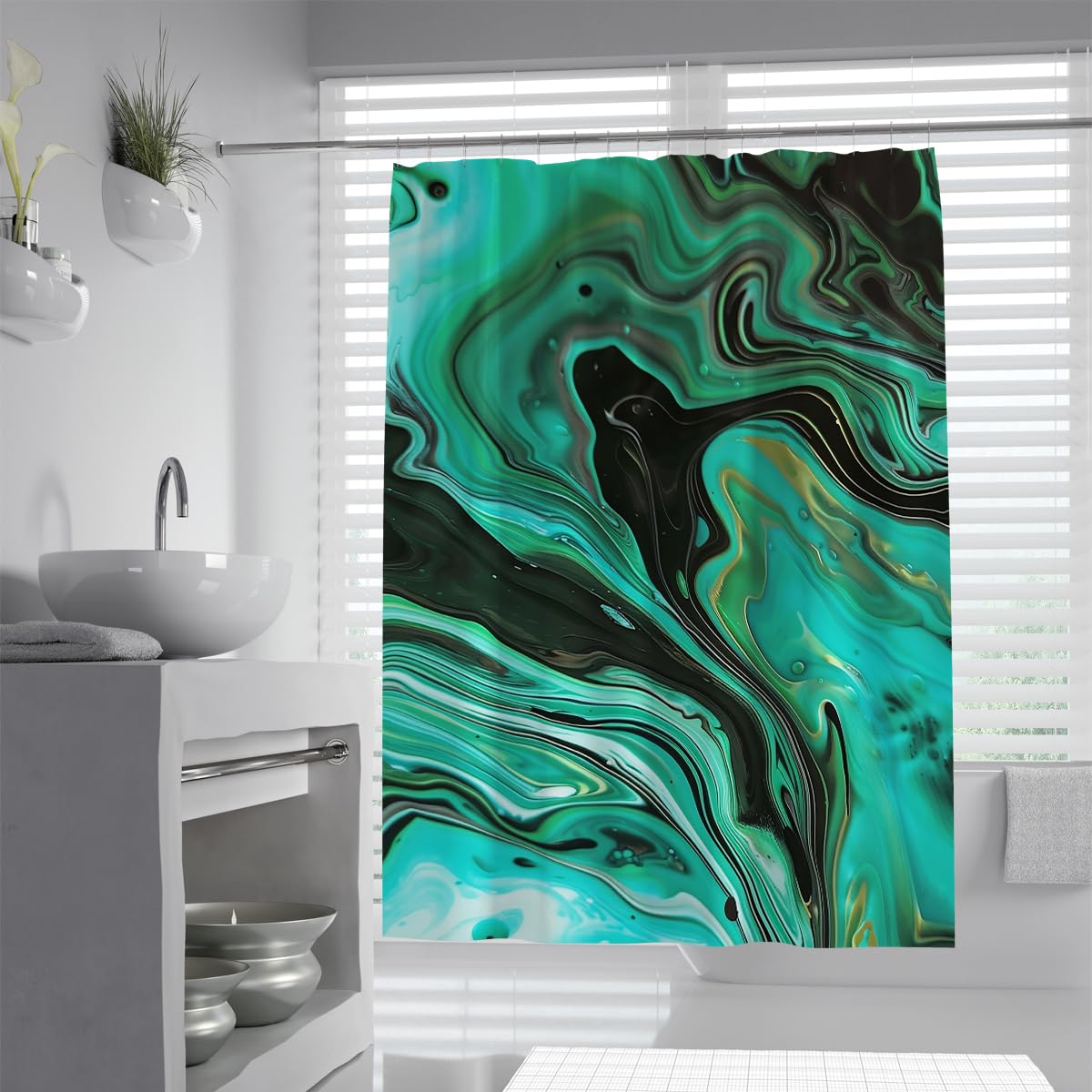 UIRINGART Abstract Shower Curtains W150xL200cm Emerald Green Black Cyan Marble Fluid Pattern Mildew Mould Resistant Polyester Fabric Bathroom Wet Room Tub Set