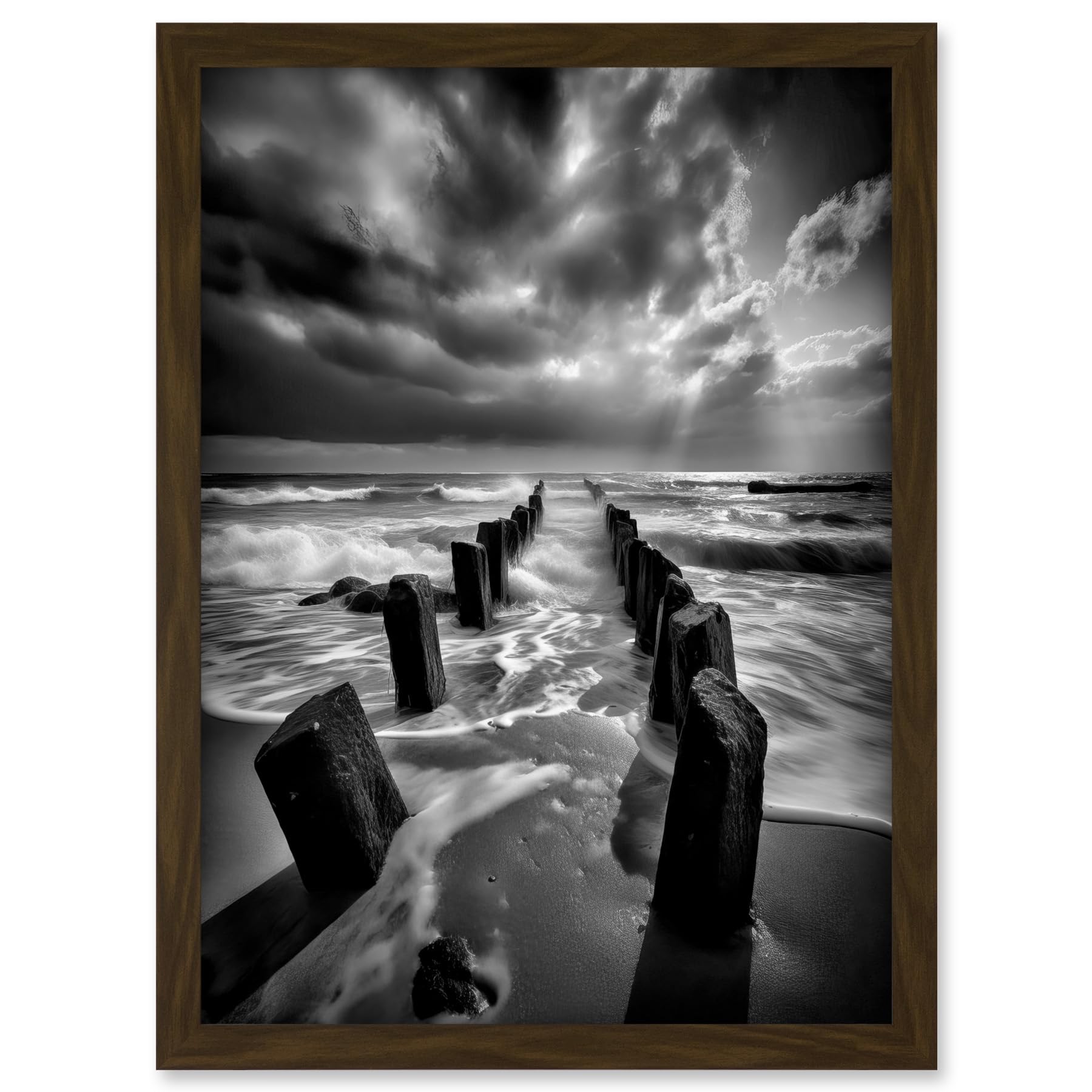 Artery8 Pier Ruins Black and White Dramatic Coastal Photo Artwork Framed A3 Wall Art Print