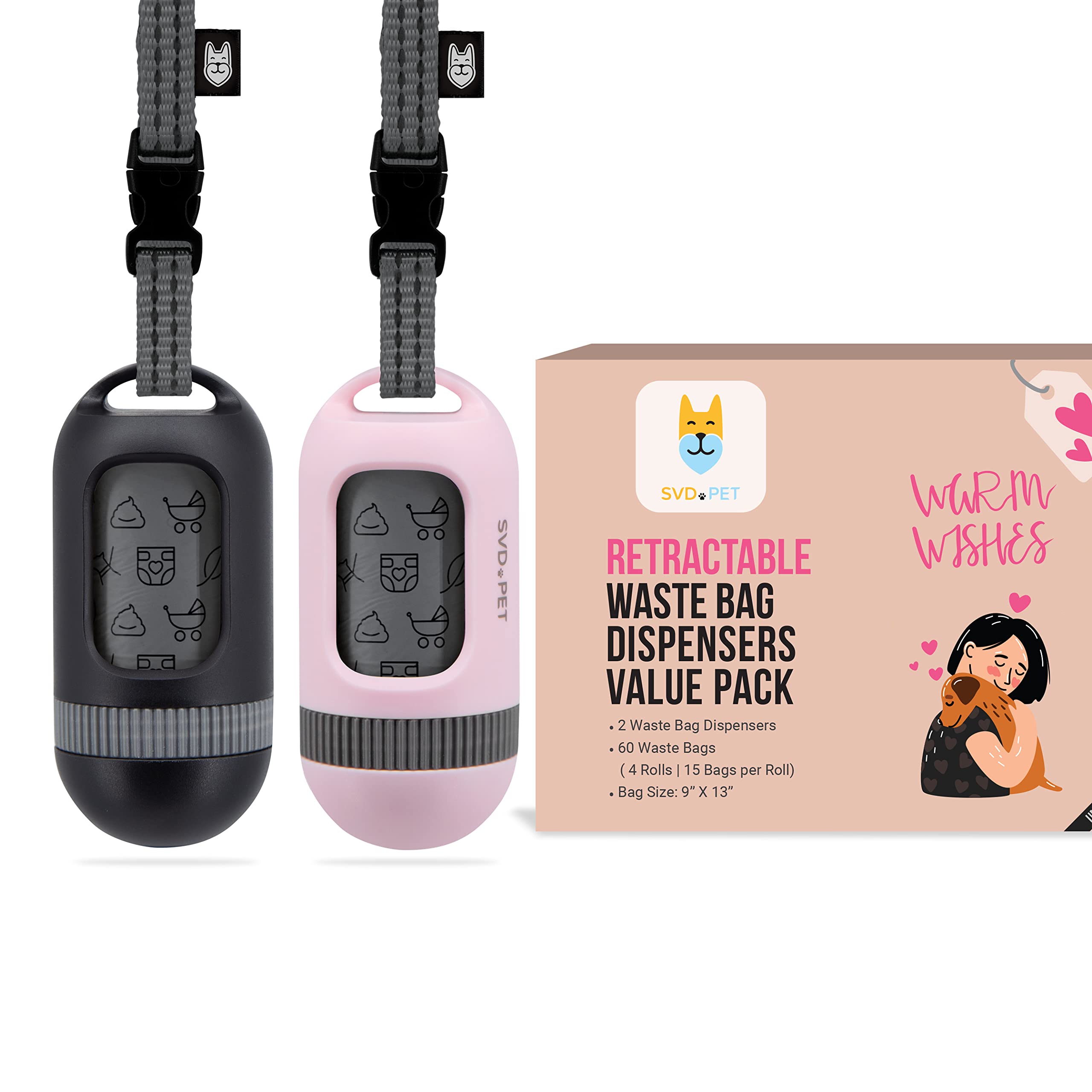 SVD.PET [2-Pack] Retractable Waste Bag Dispensers Gift Set, 2 Pet Waste Bag Holders with 60 large Waste Bags, Dog Walking Accessory Gift Value Pack (