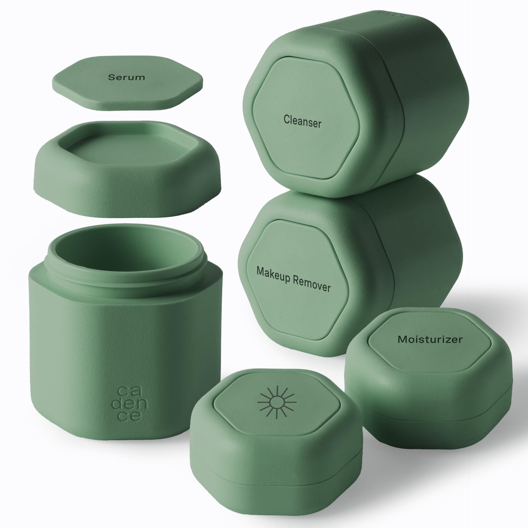 Cadence Kapseln – Core Hautpflege-Set, Eukalyptus, fünf Behälter mit magnetischen Deckeln, 100 % auslaufsicher und TSA-zugelassen für Reisen und Handgepäck, 2 kleine (15,9 g) und 3 mittelgroße (37,4 g