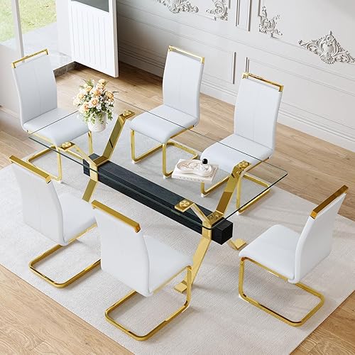Miniatura 21 de Juego de mesa de comedor de cristal de 71 pulgadas para 6 personas | Juego de mesa de comedor moderno para 6 con sillas de piel sintética | Mesa de