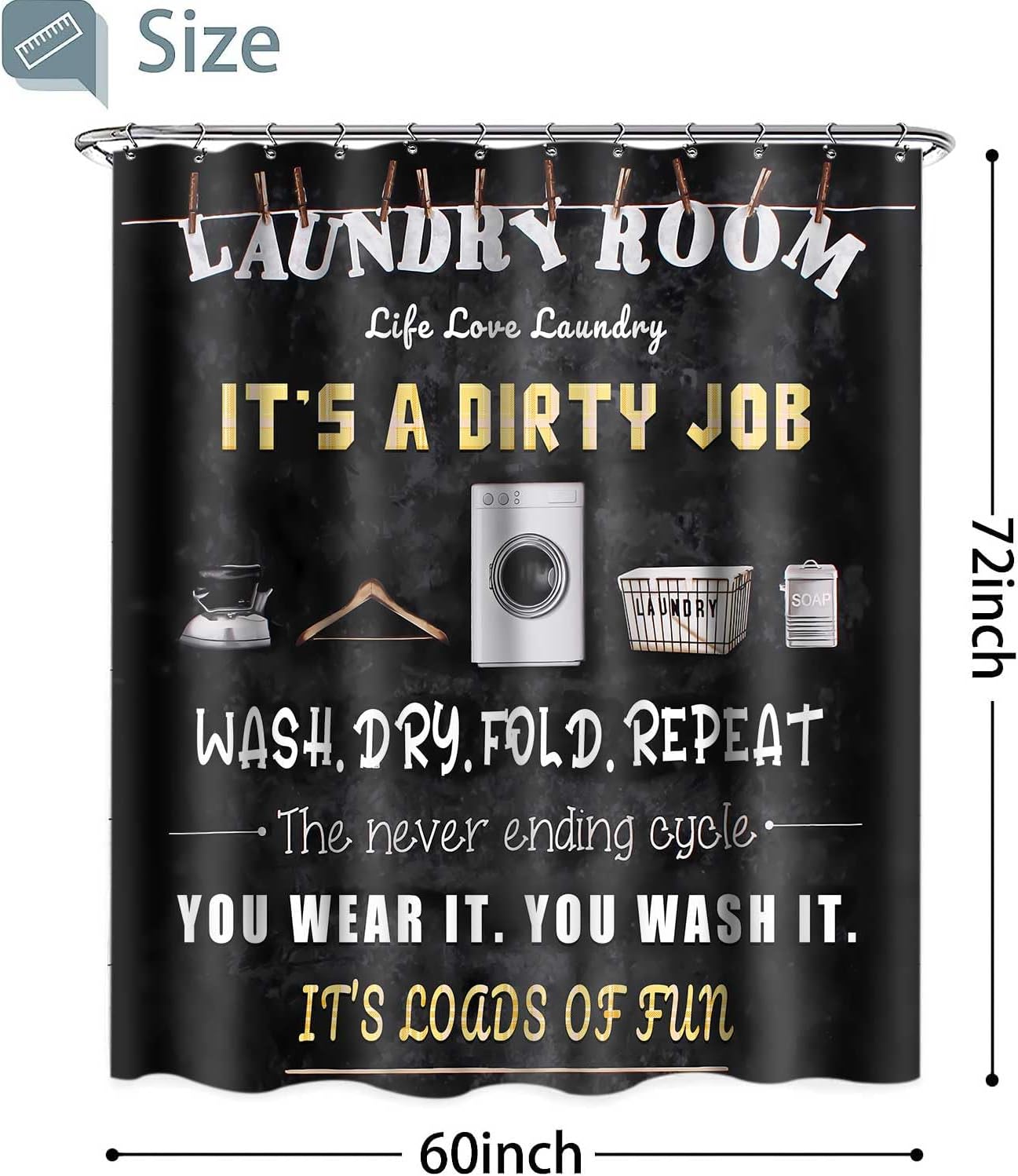 Laundry Room Shower Curtain, 60x72 inch Polyester, Laundry Wash Dry Fold Repeat Shower Curtain Sets, Life Inspirational Bathroom Bathtubs Decor Set with 10 Hooks YLOKTP0381