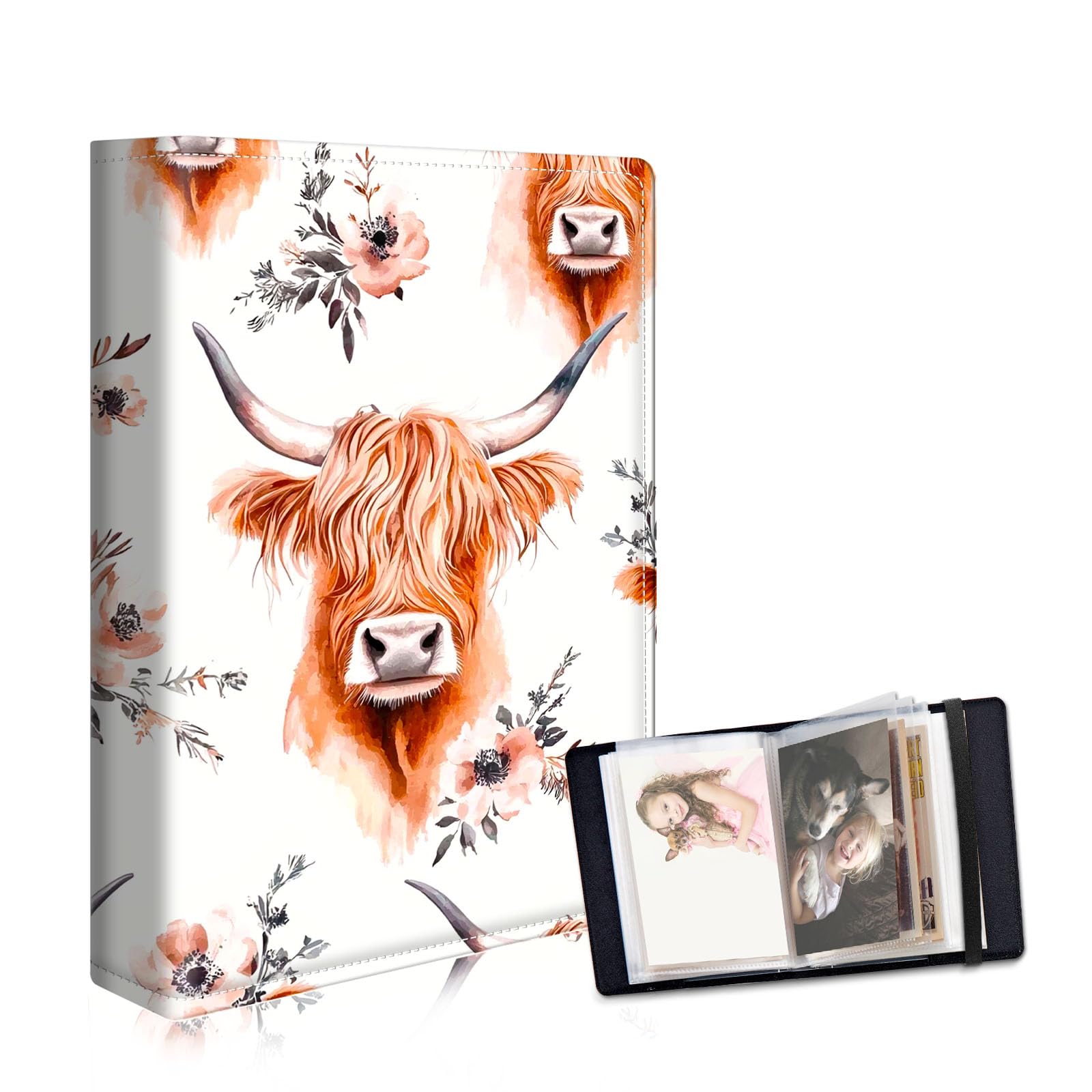 DISUOFEART Photo Albums 4x6 Pictures, Large Capacity Leather Cover Photo Book with Clear Pockets, Highland Cows in Pastel Colors Family Picture Album for Wedding Anniversary Baby Travel