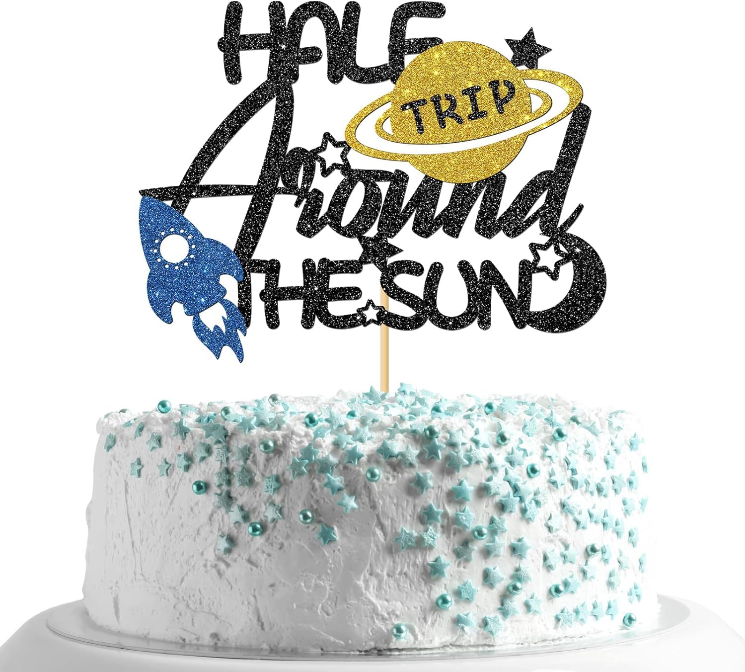 Confetti! Celestial Celebration Cake Topper - Sparkling Space-themed Decorations for Your Half Trip Around the Sun Half Birthday Party!