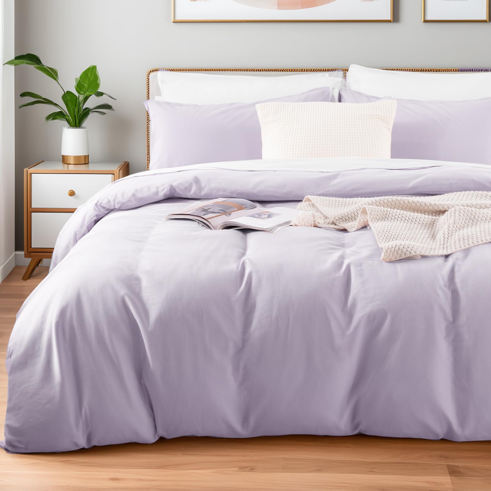 NEXHOME PRO Full Duvet Cover Set, 100% Washed Cotton with Linen-Like Texture, Natural Organic, Breathable &amp; Comfortable, Includes Home Bedding Set Lilac (No Comforter) 80"x90"