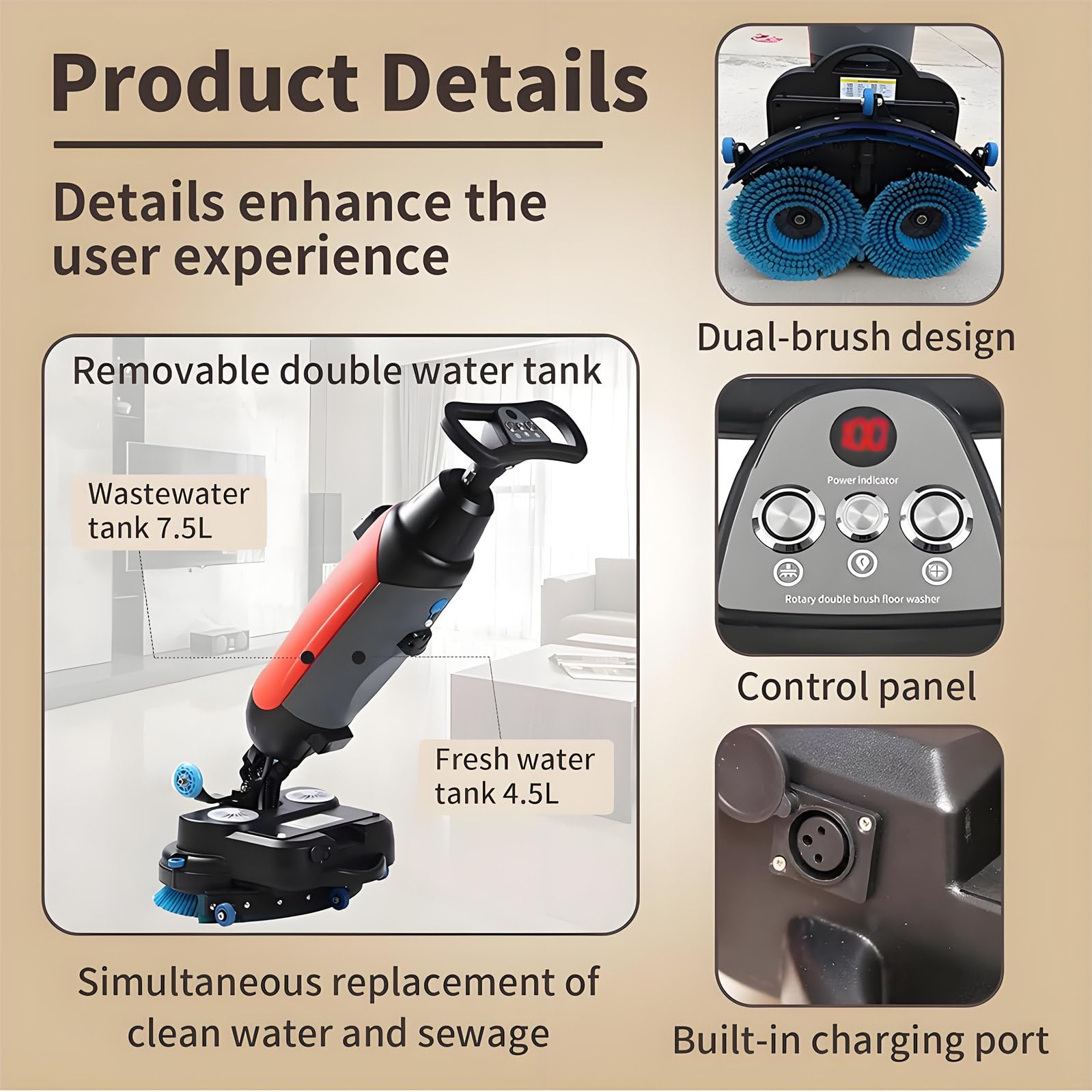 Fregadora Y Abrillantadora De Pisos Comerciales, Ancho De Limpieza 43Cm, Diseño Inalámbrico, Cepillos Dobles Y Cabezal Giratorio De 360° Para Pisos De Madera. Azulejos, Mármol Y Pisos De Cemento Red