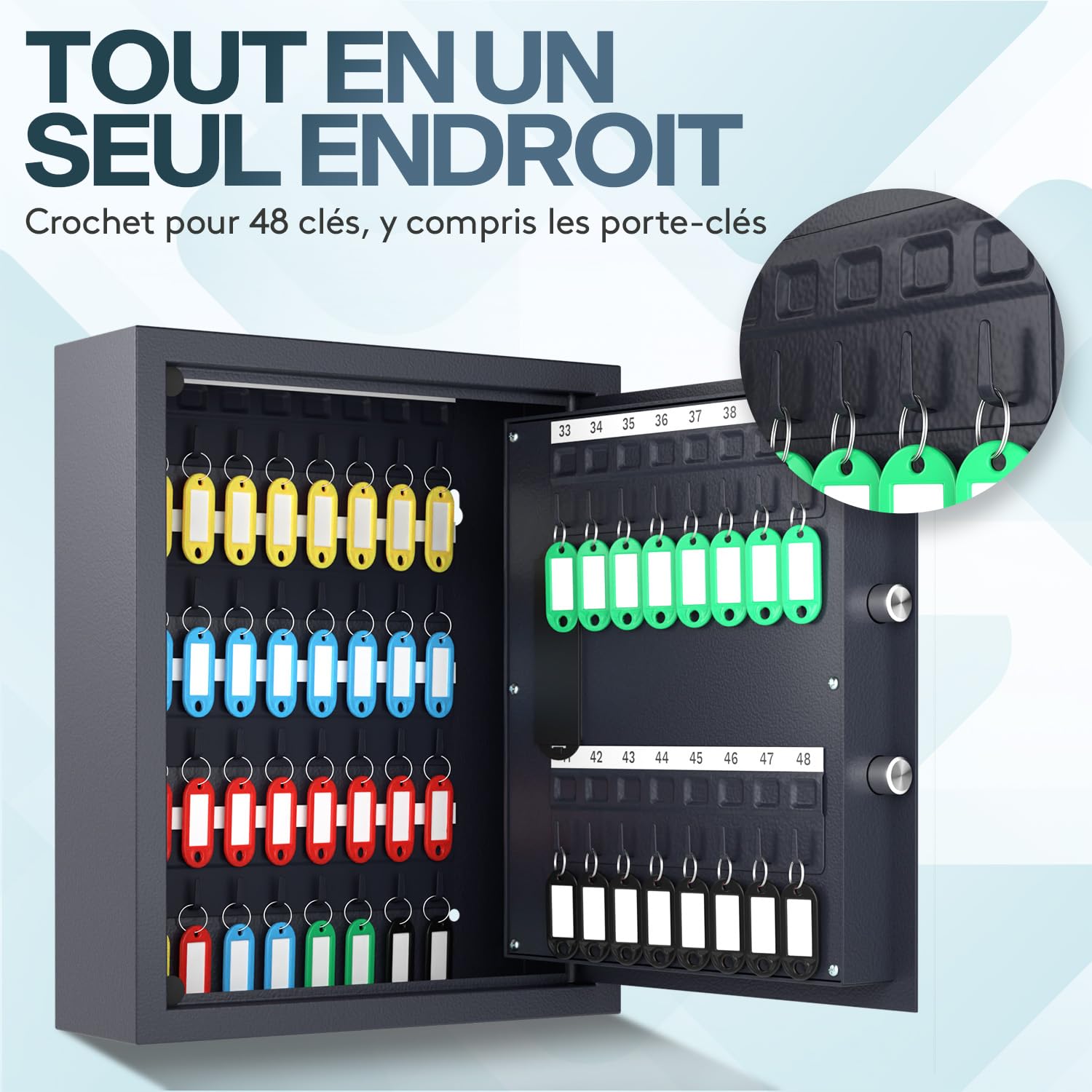 Acropaq Armoire à clés - avec Serrure électronique numérique, pour jusqu'à 48 clés, 48 pendentifs Inclus, Noir - Armoire a Clef Murale, Boite a Clef, Boite a clefs Murale