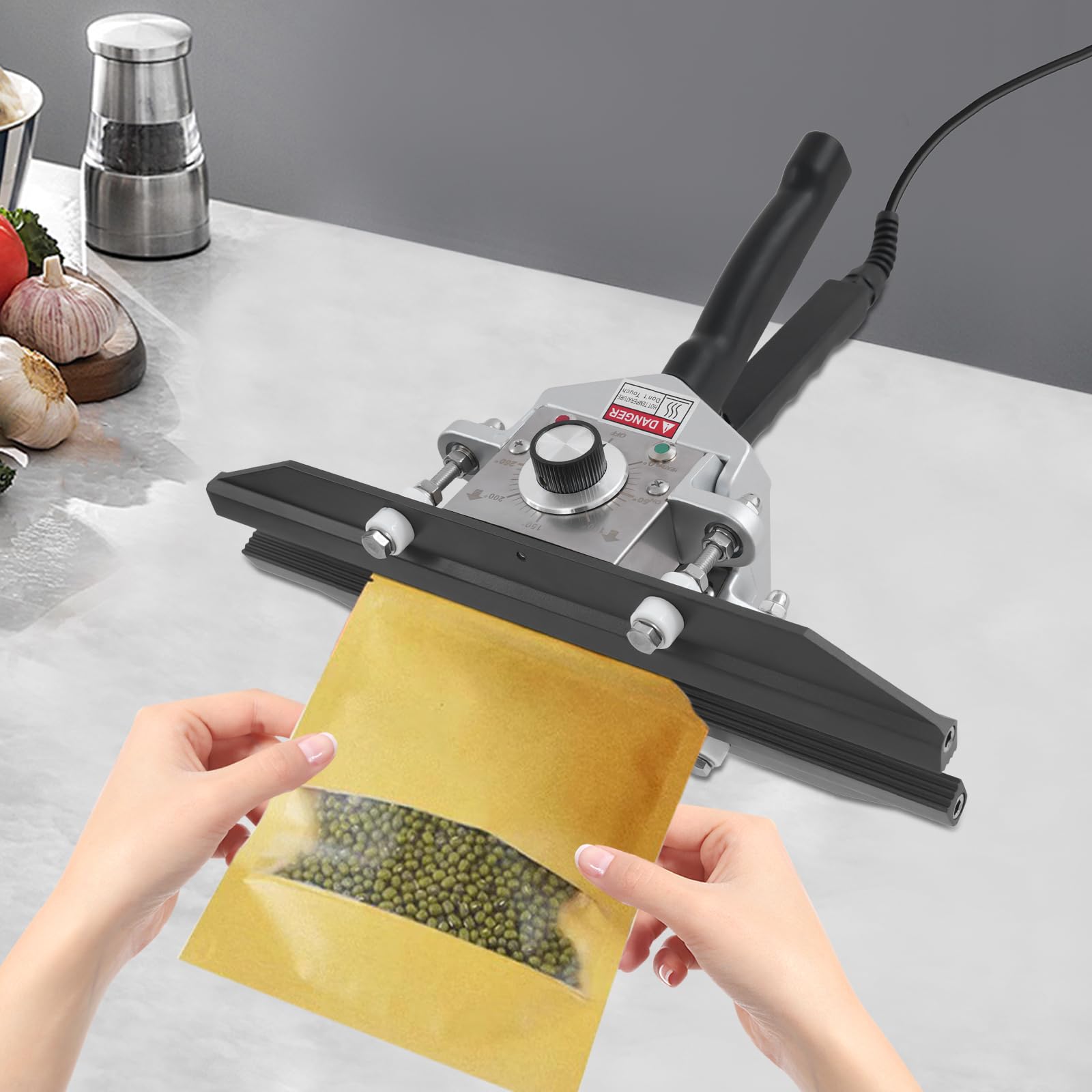 Handheld Crimp zgrzewarka 500 W do zgrzewania worków, 0-300°C, ręczna zgrzewarka do grubych worków z folii aluminiowej, papieru typu kraftowego