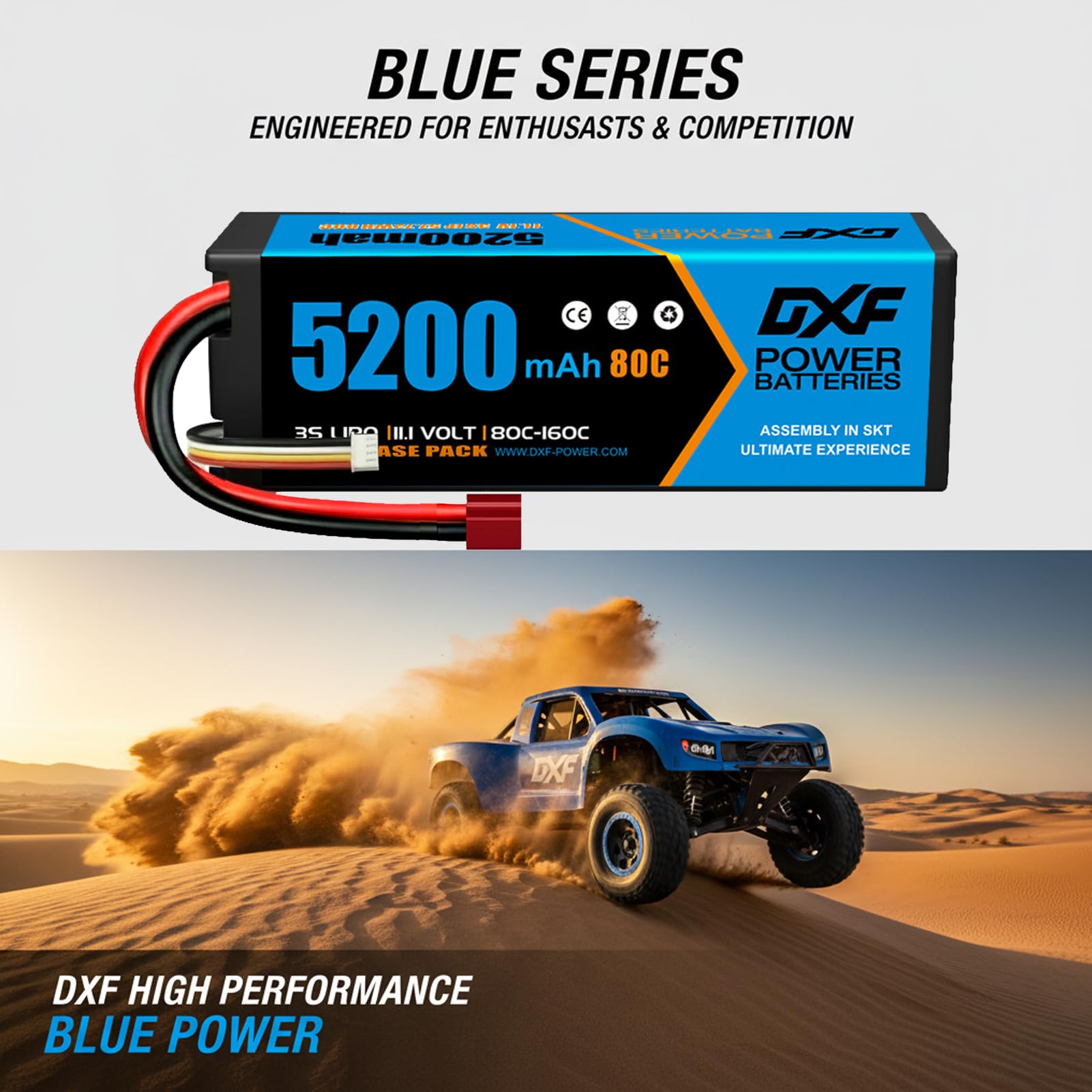 DXF Batteria LiPo 3S di alta qualità, 5200 mAh, 11,1 V, 80 C, per auto RC, barca, camion, modelli da corsa, confezione da 2