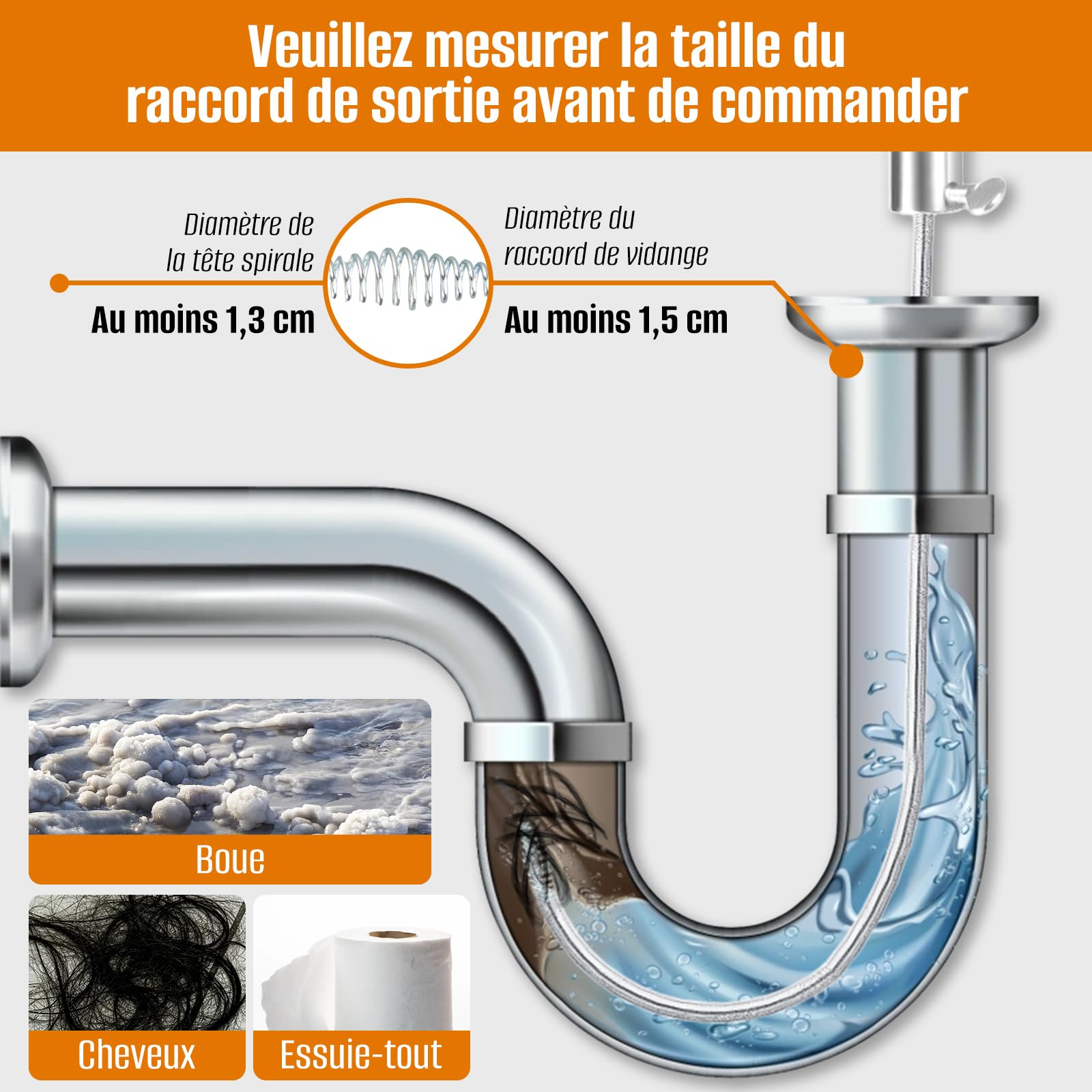 Spirale de nettoyage de canalisations de 13 m, spirale de débouchage en spirale, avec embout de perçage et gants imperméables pour un nettoyage des tuyaux respectueux de l'environnement, pour cuisine