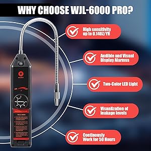 Tellegloww AC Leak Detector Kit WJL-6000UV Refrigerant Leak Detector Auto Air Conditioner Tool Test Detection Halogen Gas Leakage Tester UV Protective Glasses Sniffer R22 R410A R134A 1234YF (Stylish)