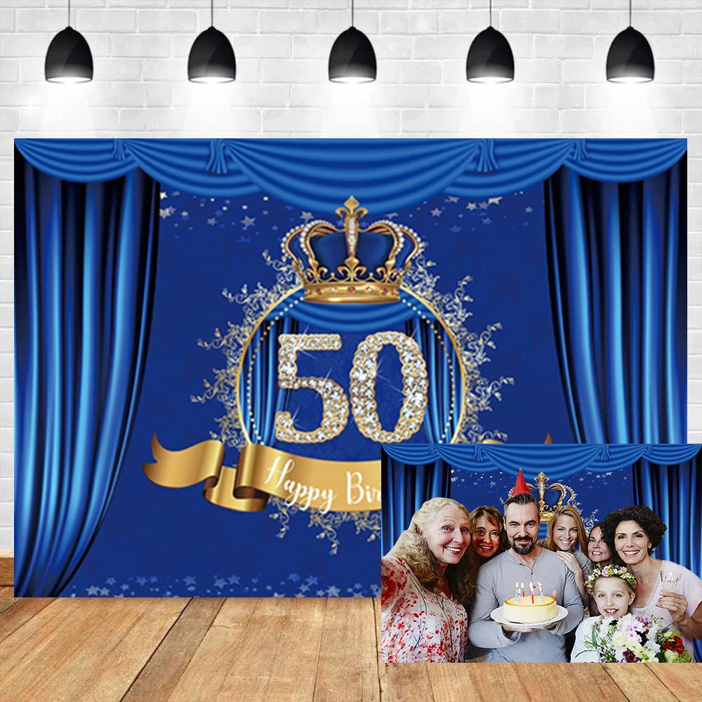 OERJU Happy 50th Birthday Backdrop Royal Blue Curtain Luxury Golden Blue Crown Photography Background Boy Man Birthday Celebration Party Cake Table