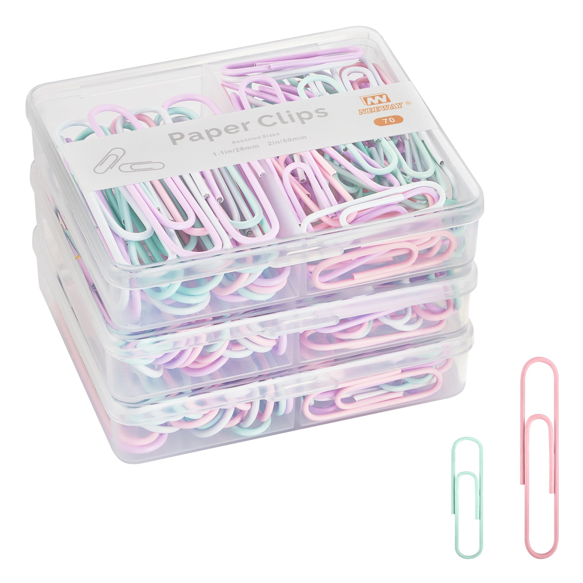 NEEWAY Colorful Paper Clips Assorted Sizes, Small and Large Paper Clips, 210 Count, 3 Pack of 70 (Light Multicolor)
