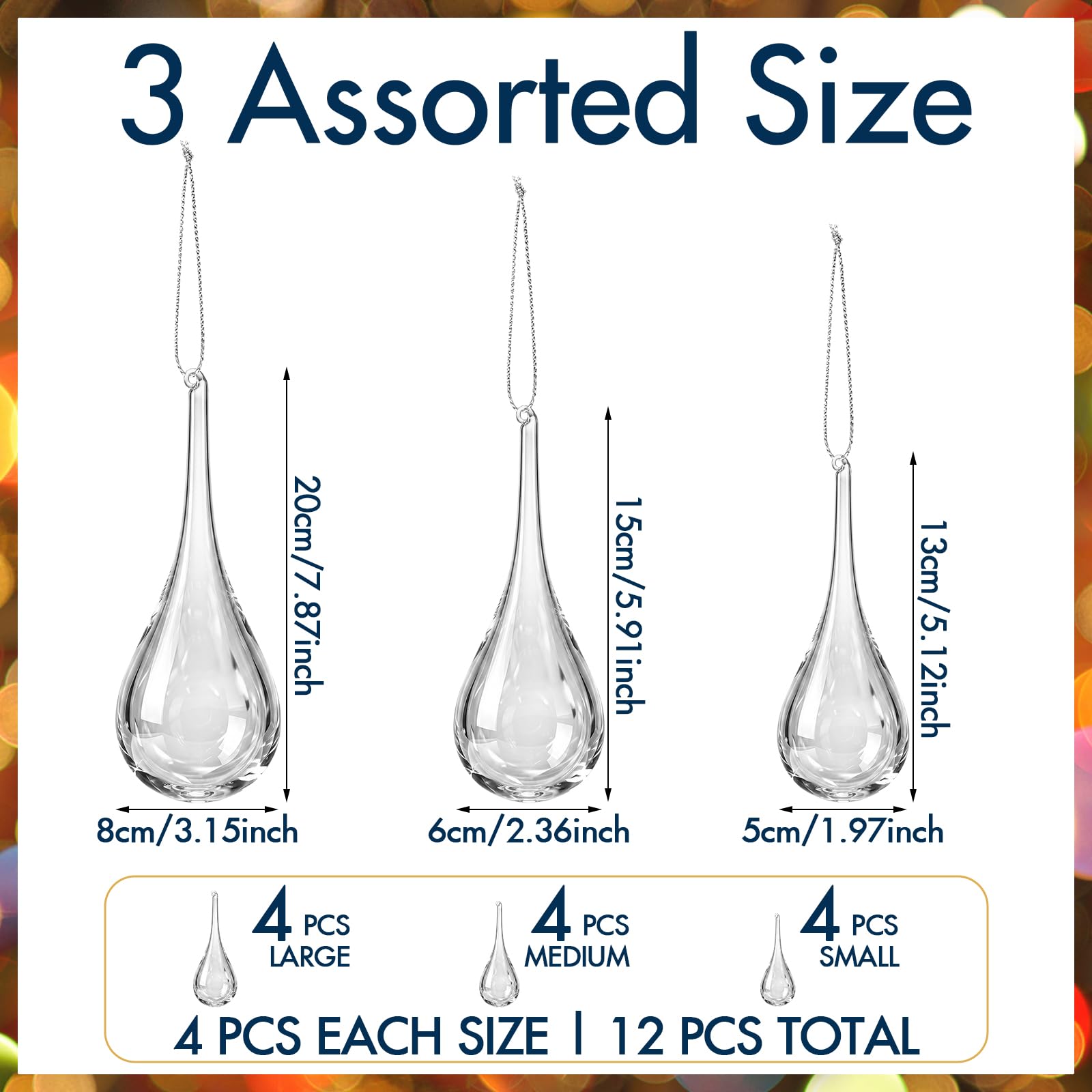 Seenelling Lot de 12 décorations en verre transparent en forme de goutte d'eau pour sapin de Noël, 3 tailles de chandelier en cristal de rechange, décoration d'intérieur à suspendre avec ficelle pour