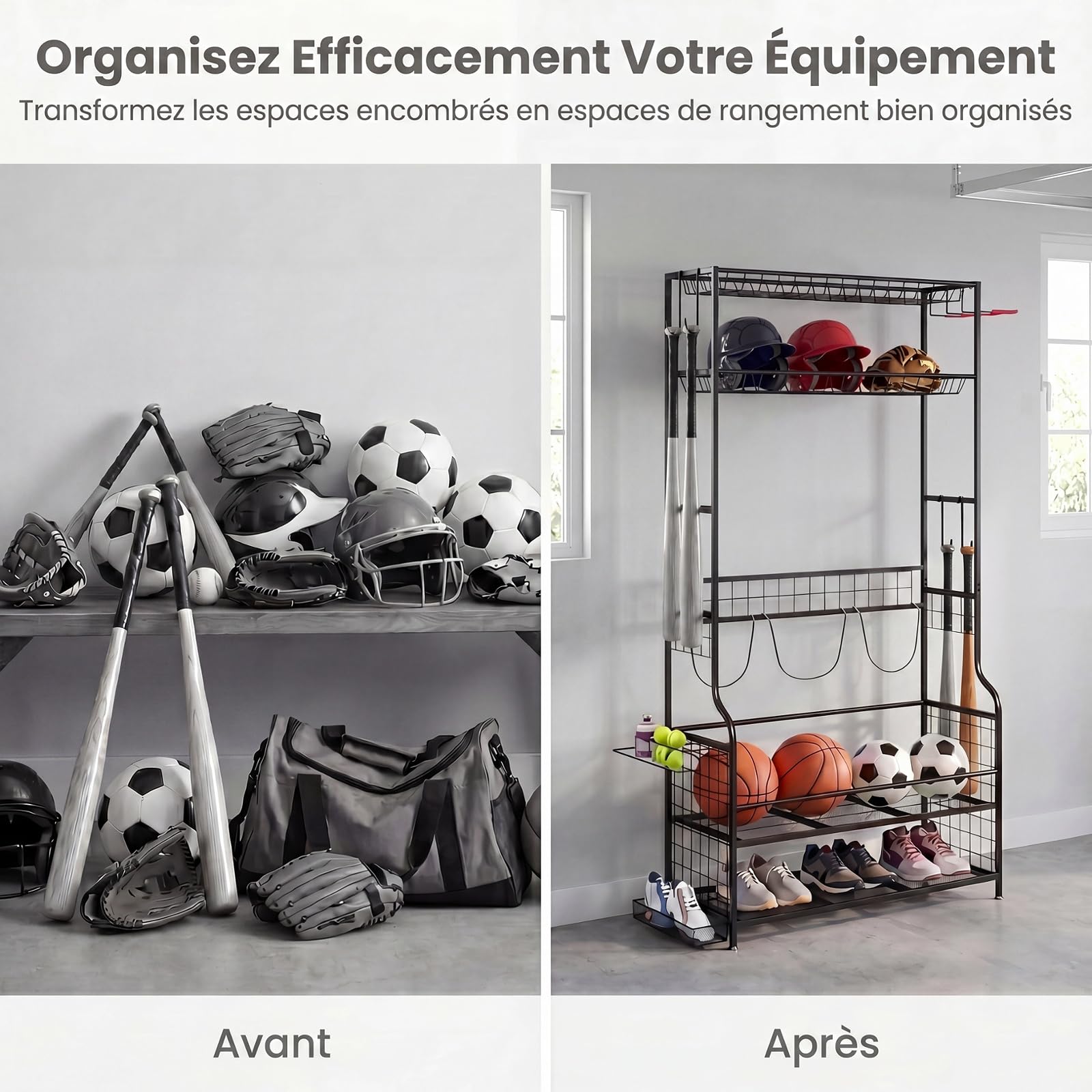 GYMAX Rangement d'Équipement Sportif à roulettes Amovibles 132 x 40,5 x 194 cm, Organiseur pour Ballons, Raquettes, Clubs, Sacs de Golf, Tapis de Yoga, Chaussures, Vêtement, Casque