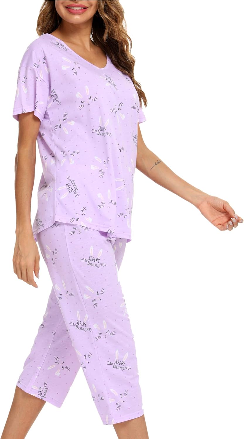 ENJOYNIGHT Womens Pajama Sets Cotton Summer Pjs Tops with Capri Pants Sleepwear - Image 4