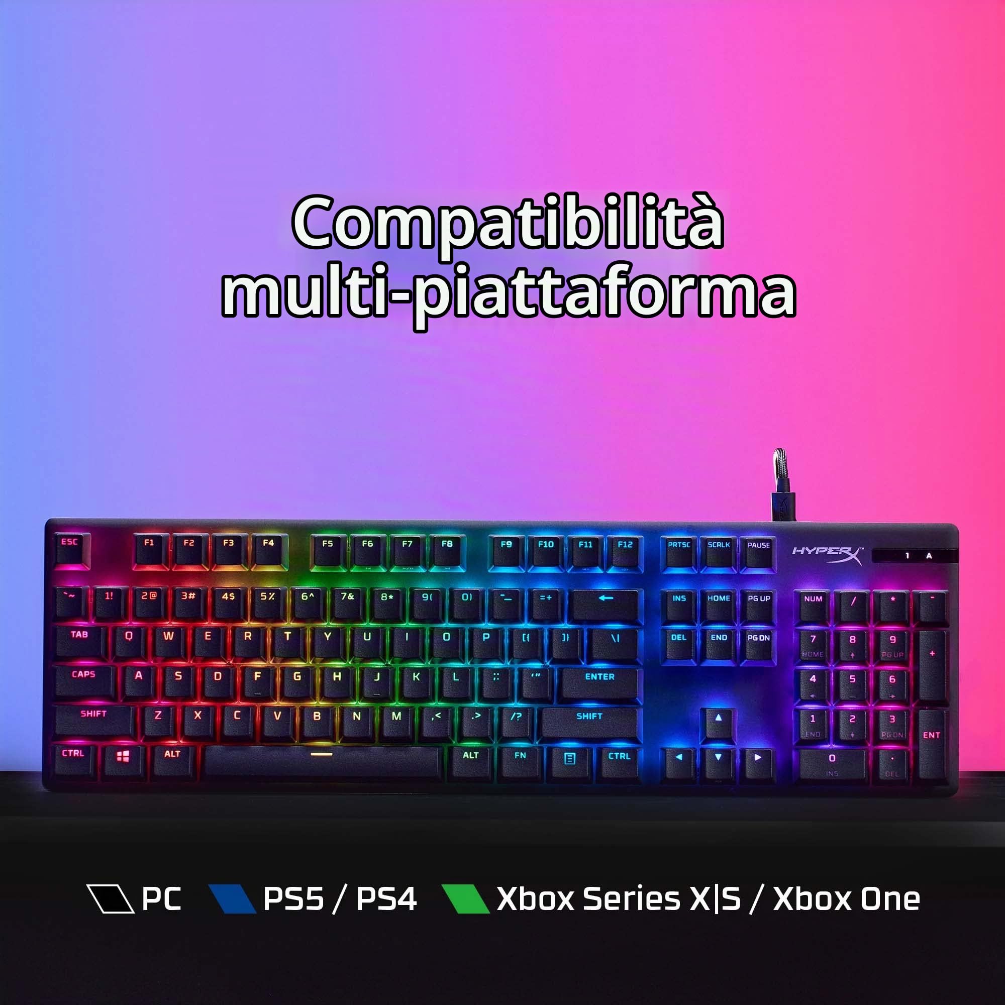 HyperX Alloy Origins PBT, Tastiera Meccanica da Gaming Cablata, Illuminazione RGB, Telaio in Alluminio, 80 Milioni di Pressioni, Copritasti presenti, 3 Dispositivi Collegabili, Layout Inglese, Nera