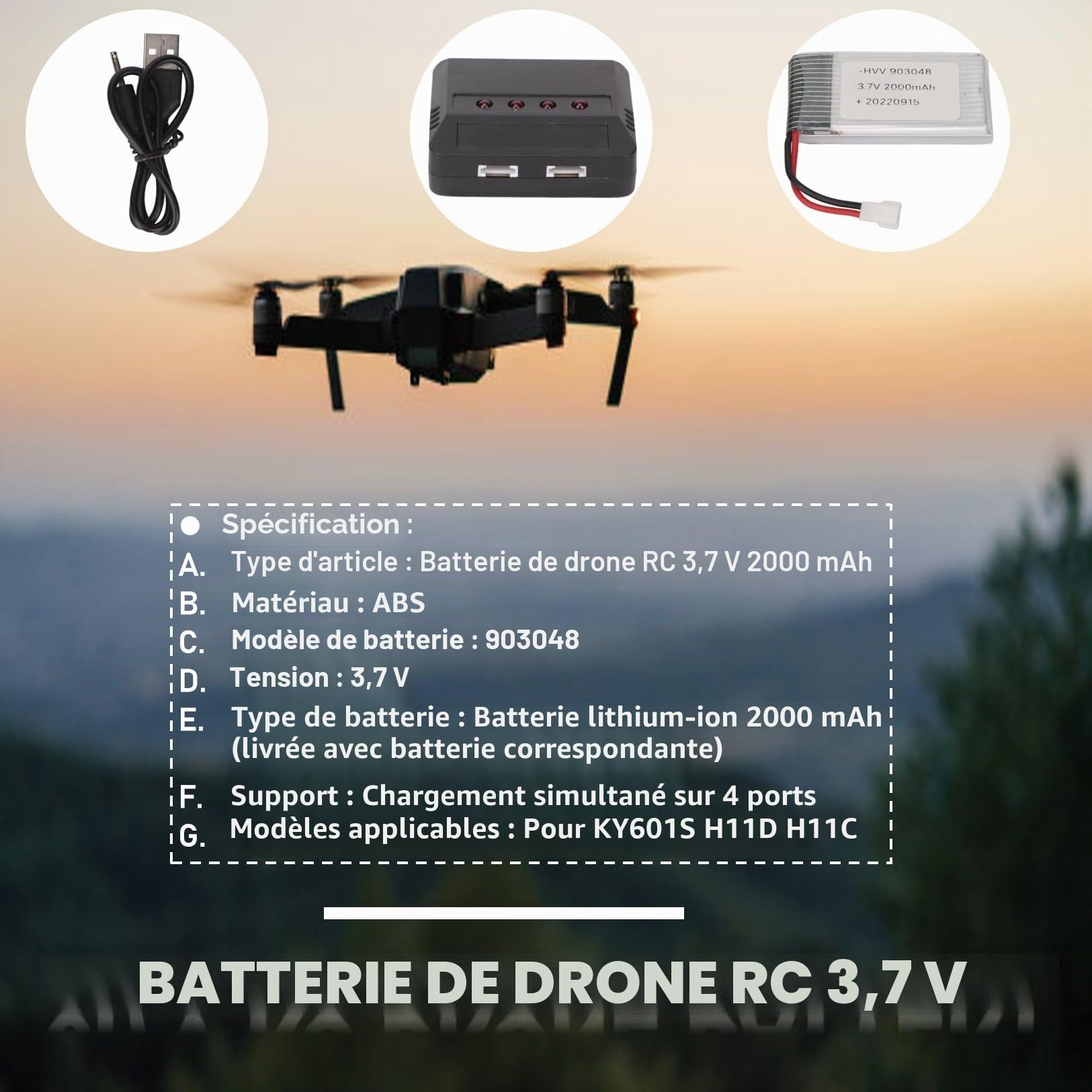 Lot de 4 Batteries de Drone 903048 3.7V 2000mAh Rechargeables Batterie Drone 3.7v 2000mah Batterie Lipo pour RC UAV, avec Chargeur Portable Batteries
