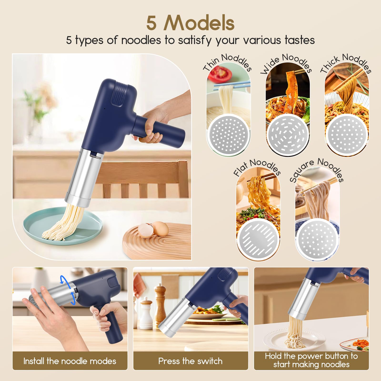 Elektrische Nudelmaschine Handheld, Kabellose Pastamaschine mit 2000mAh Akku, 5 Pressformen